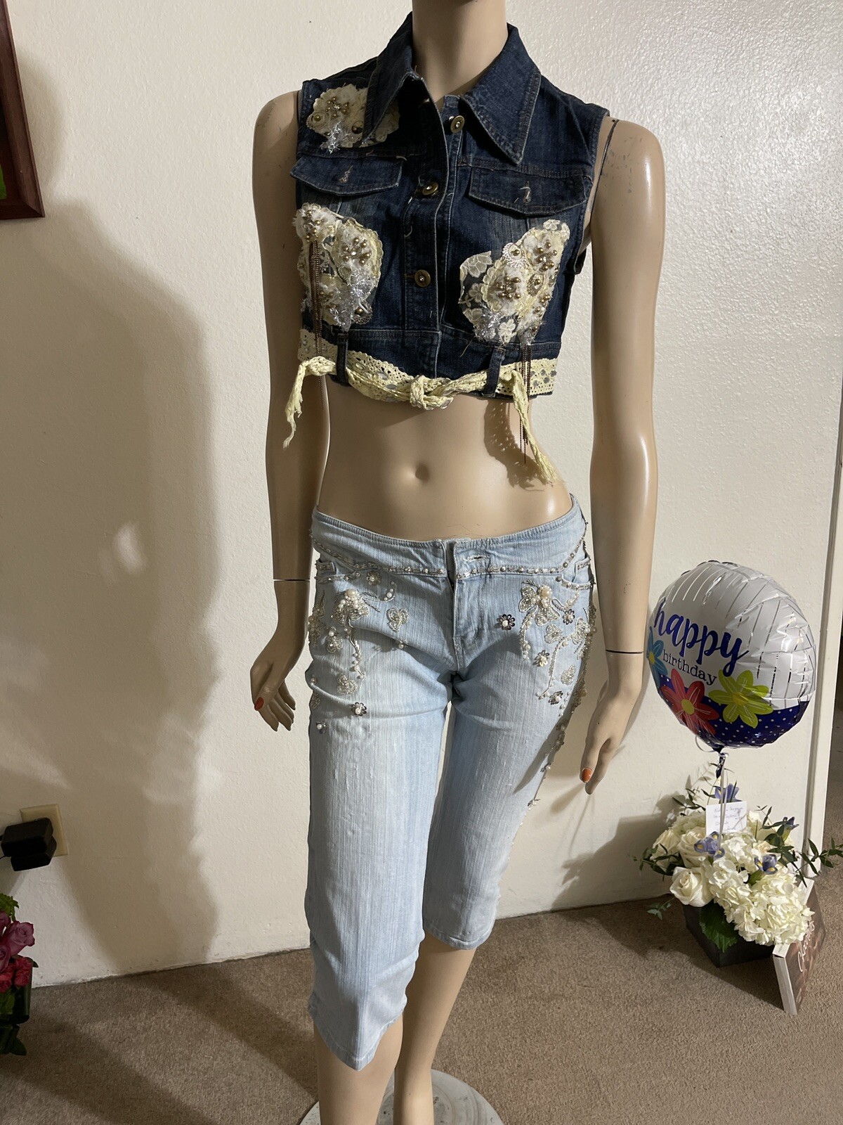 Women’s Blue Denim Cotton Casual Stretch Slim Beaded Lace Button Up Size M Vest