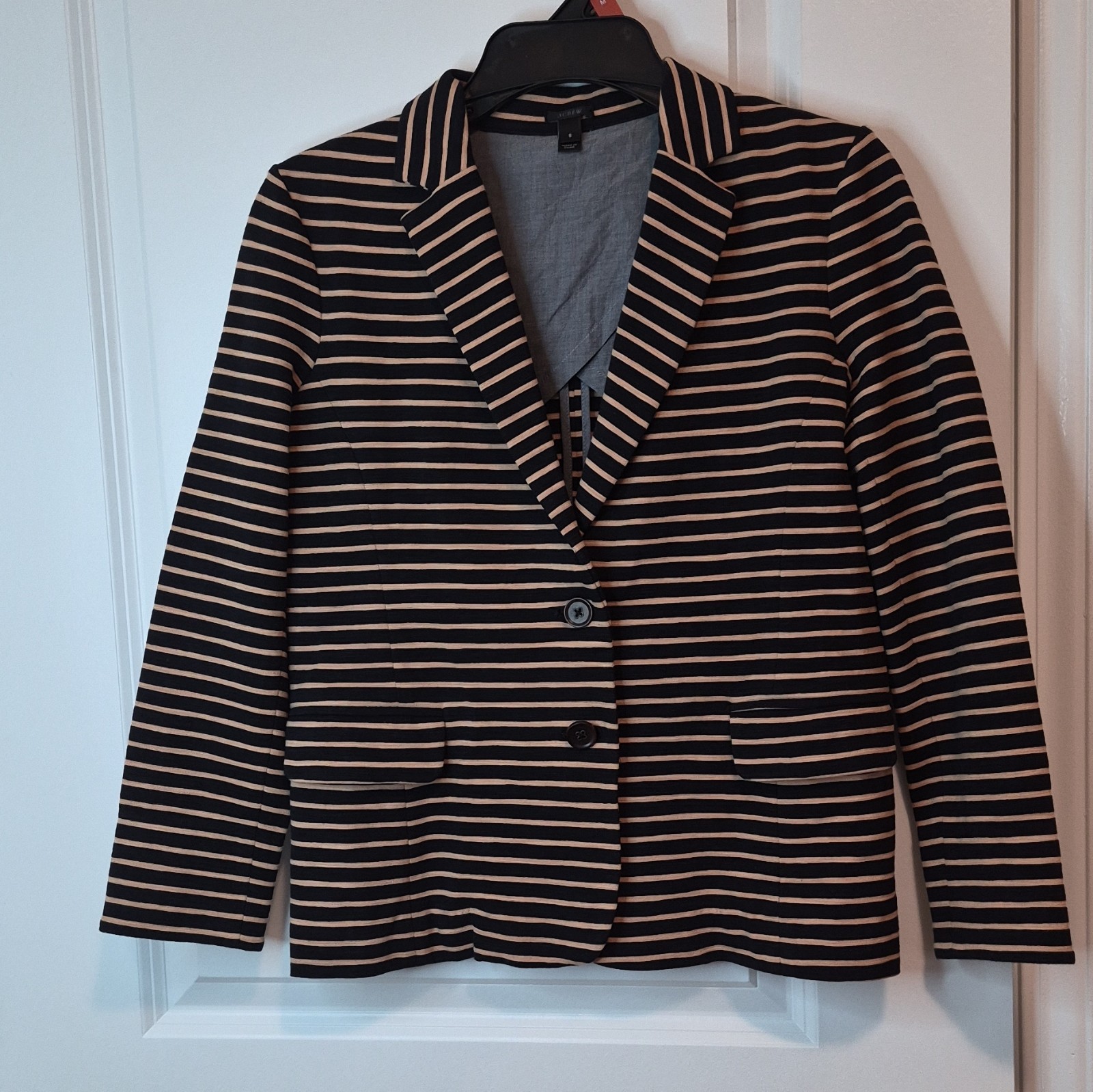 J.CREW Women’s S Navy/Beige Striped Button Blazer Jacket Pockets Collared 84593