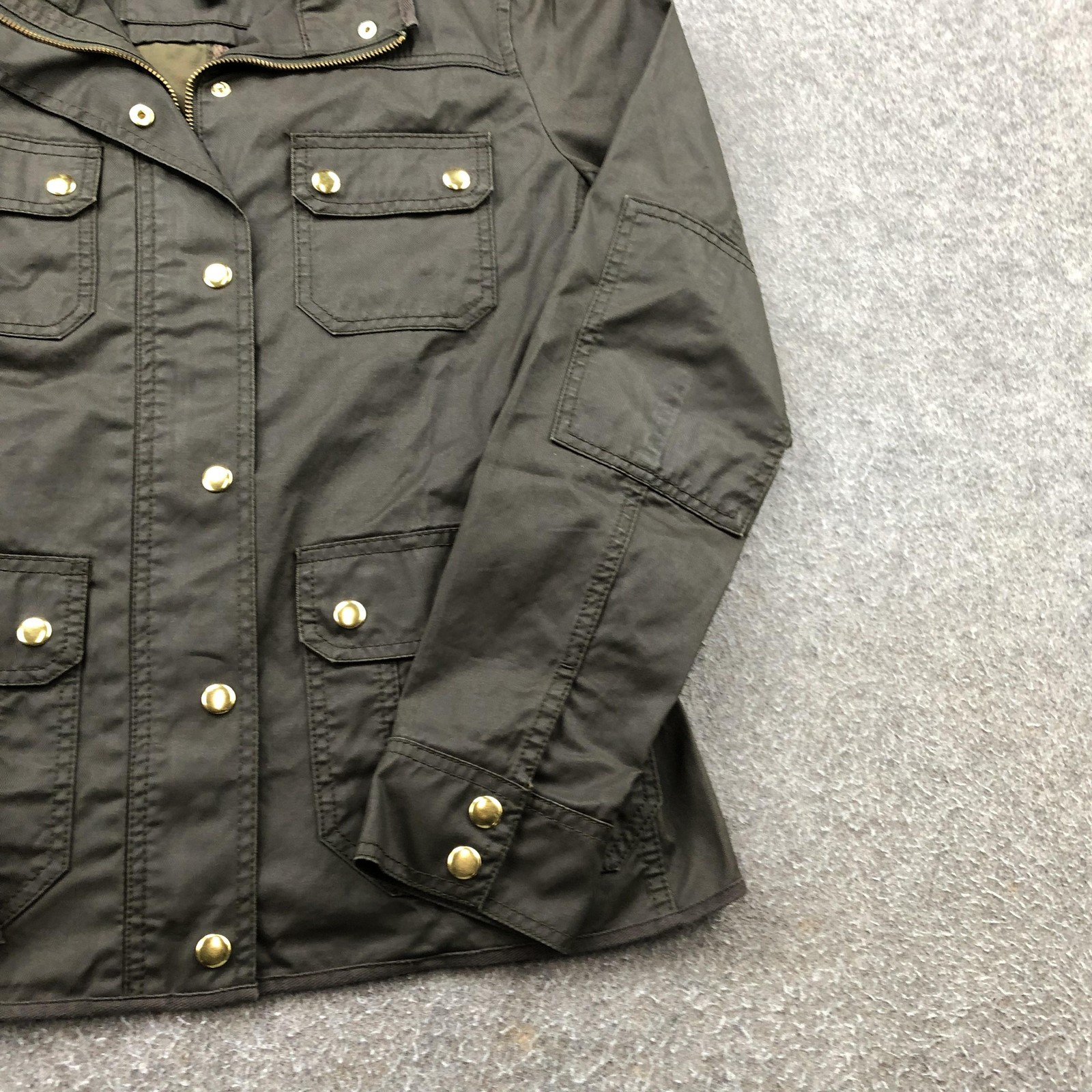 J Crew Jacket Womens Small Olive Green Utility Field Coat Gold Snaps Pockets