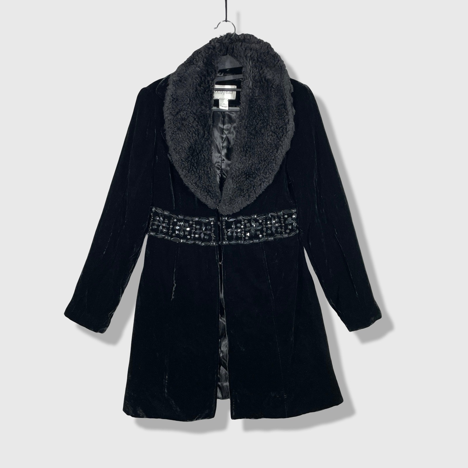 White House Black Market Velvet Coat Women S Black Faux Fur Beaded Goth Glam