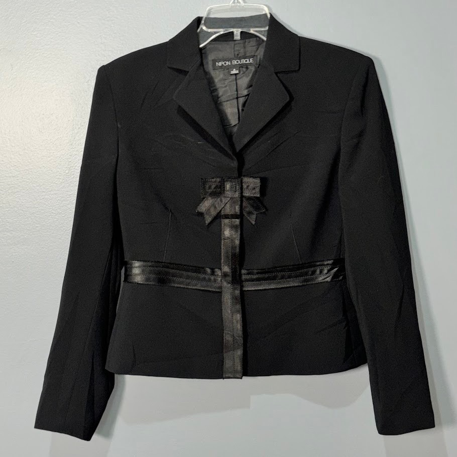Nipon Boutique Blazer Womens 4 Black Polyester Satin Bow Trim Chic Professional