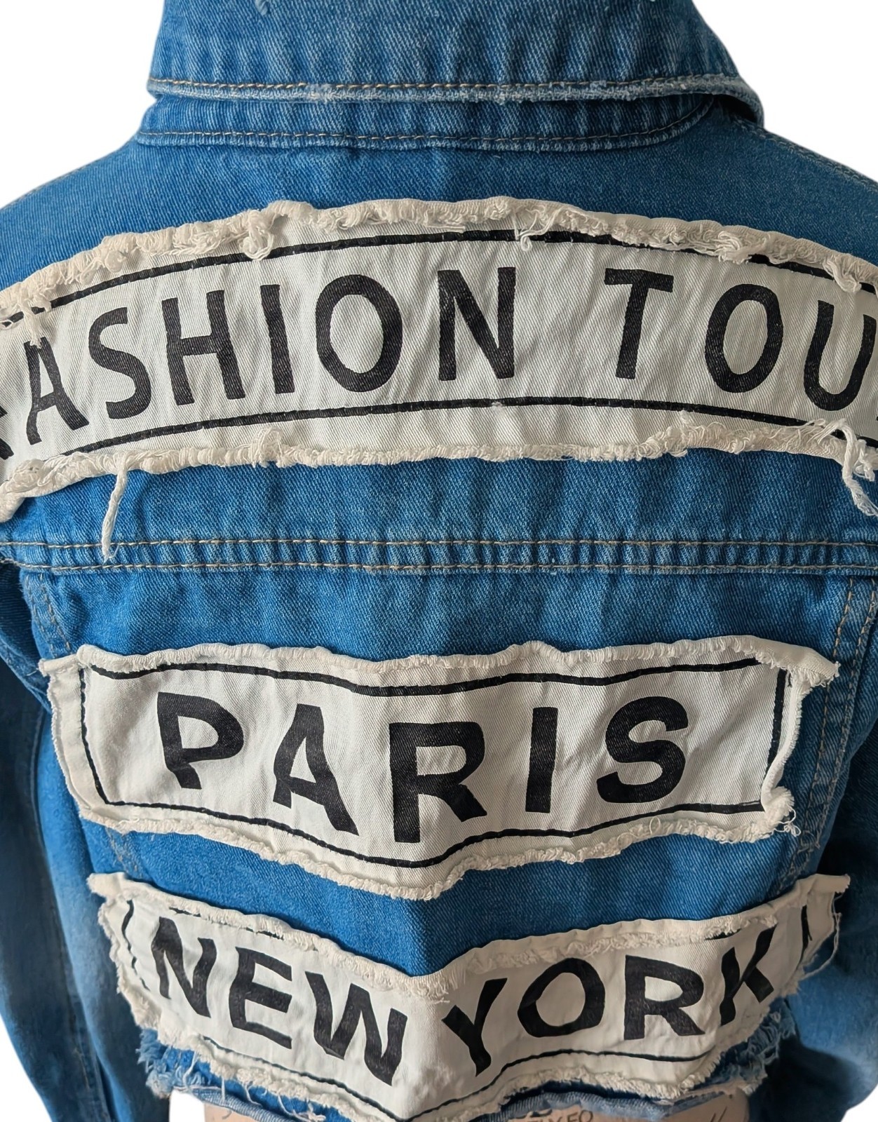 American Bazi Cropped Denim Fashion Tour Jacket Distressed Patchwork Raw Hem Med
