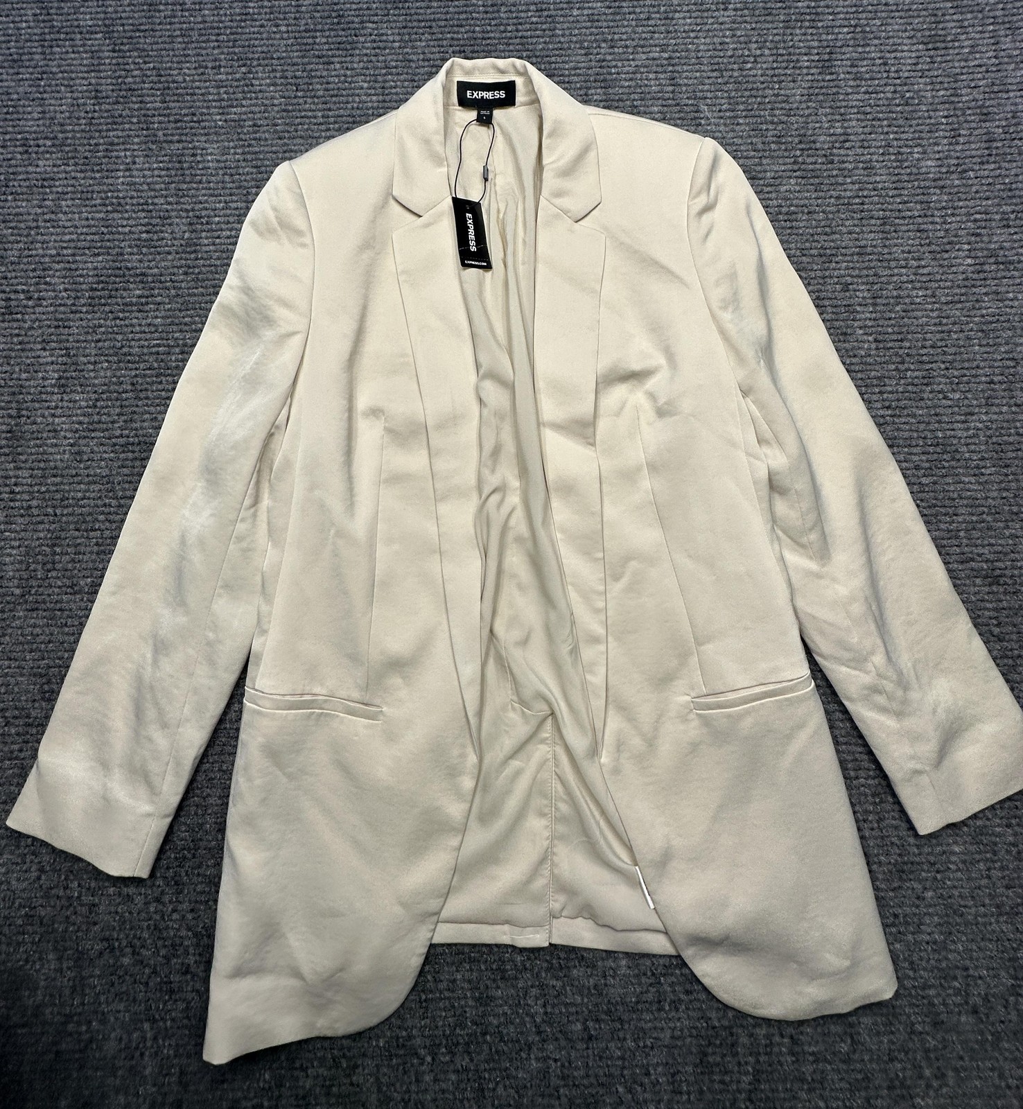Express Blazer Jacket Womens Small Beige Crepe Open Front Longline Lined Pockets