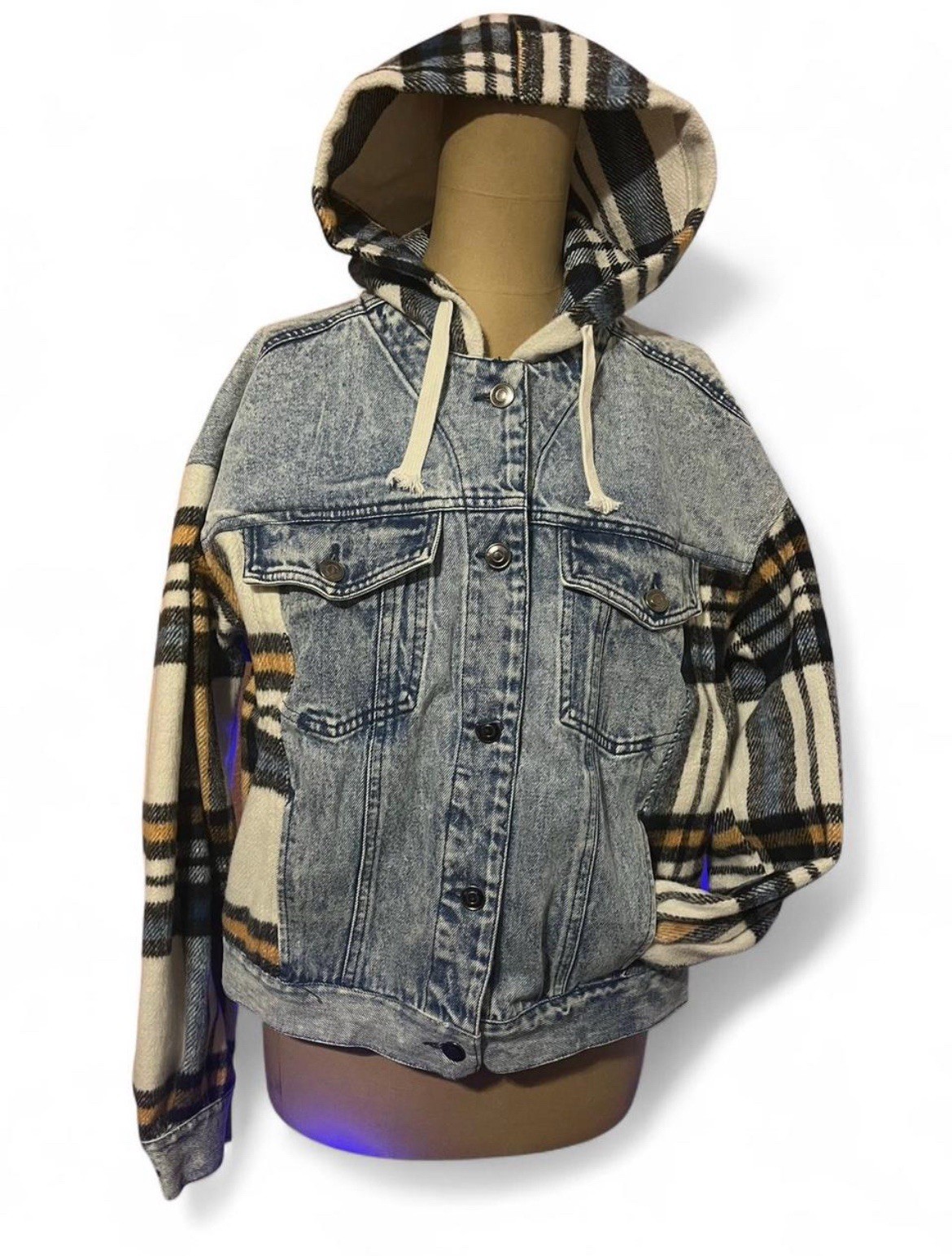 SO Women’s Plaid Hoodie Denim Jacket Small Button Front
