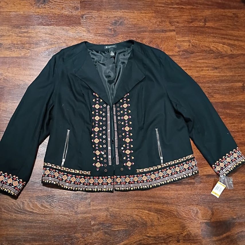 INC International Concepts Womens Embroidered Black Jacket 3X Cotton Polyester