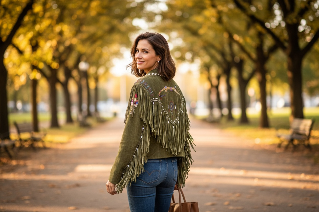 Green Suede Leather Fringed Hand Painted Jacket Patty Lewis Medium