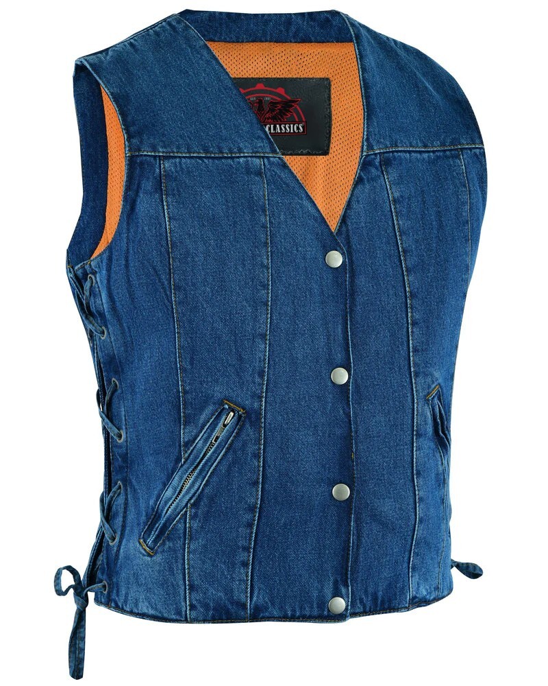Women Blue Denim Vest with Side Laces – Single Back Panel & Concealed Pockets