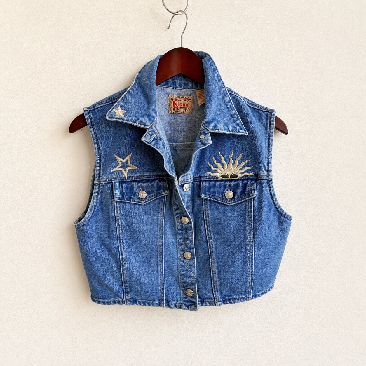 Vintage Kikomo Y2K Denim Vest Embroidered Celestial Sun Star Cropped Jacket L