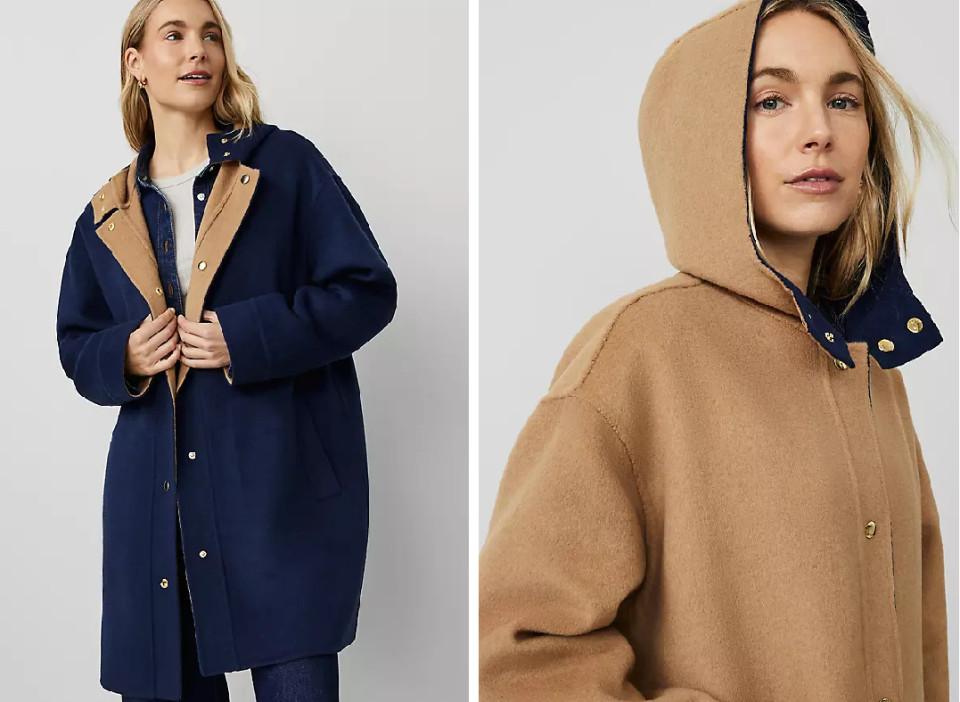 NEW ANN TAYLOR WEEKEND PURE SAPPHIRE DOUBLEFACE HOODED SNAP FRONT COAT SZ LP