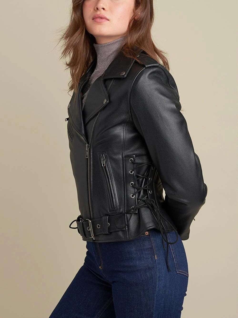 Women’s Black Brando Cross Zip Biker Motorcycle Genuine Cowhide Leather Jacket