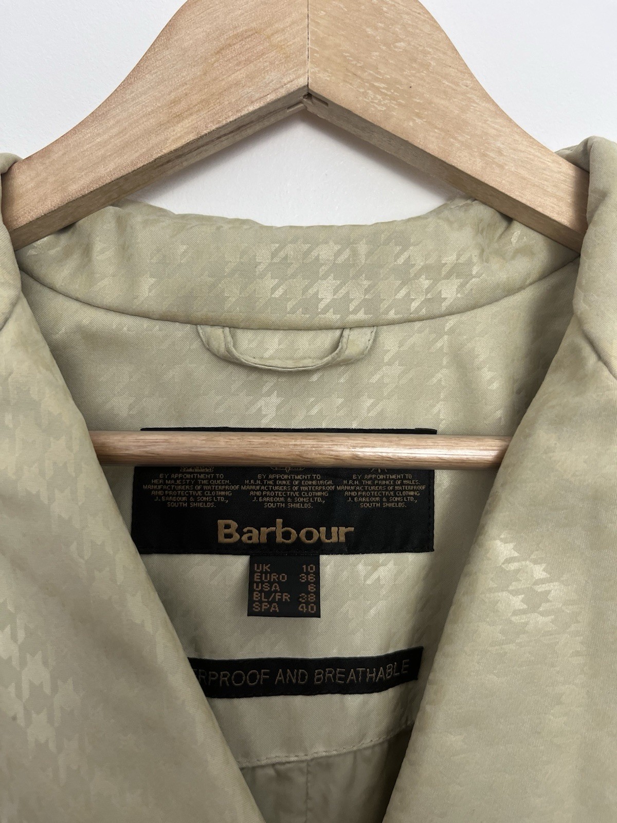 Barbour Houndstooth ‘Valerie’ Beige Waterproof Classic Trench Coat UK 10