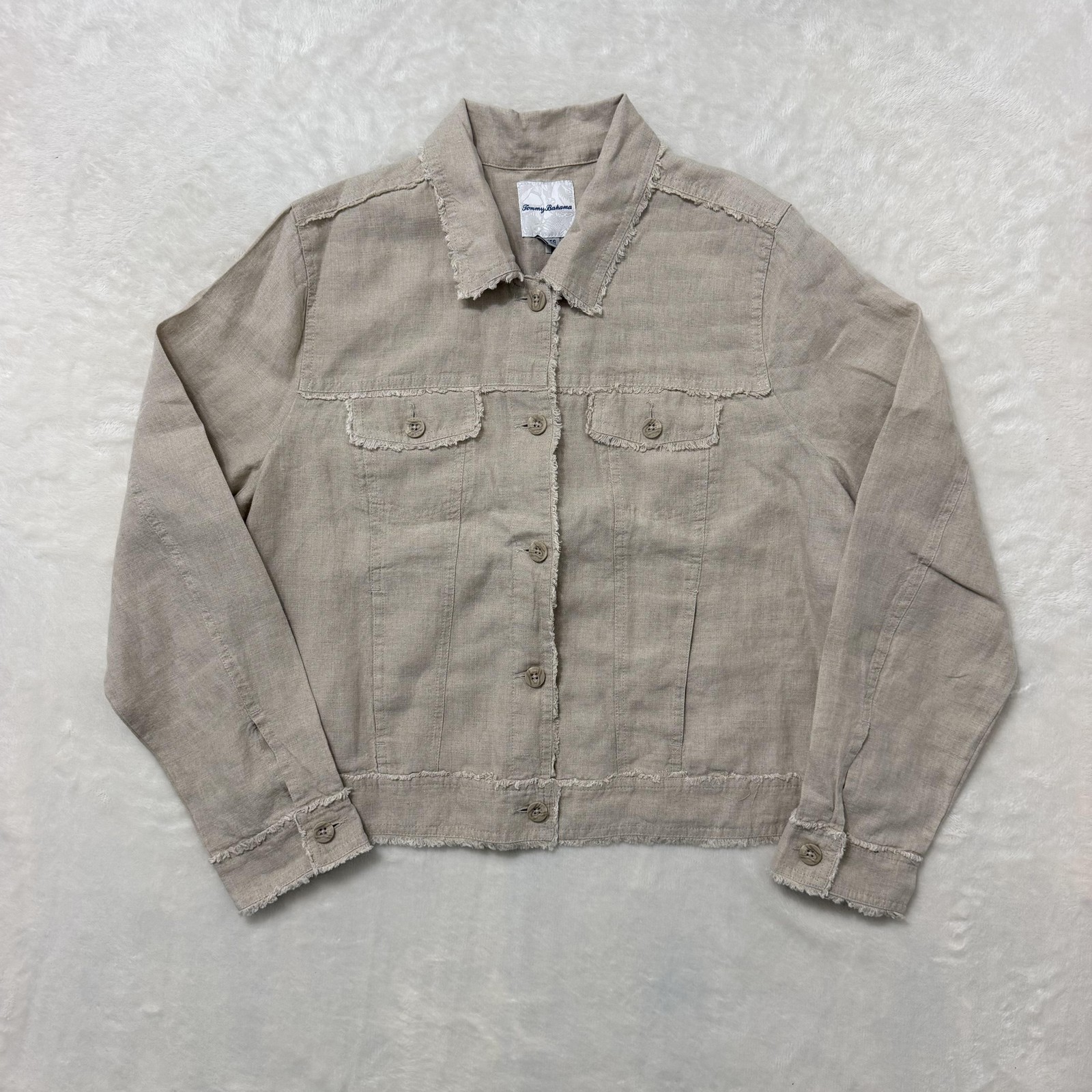 Tommy Bahama Jacket Two Palms Womens XL Beige Linen Bomber Button Up Fringe