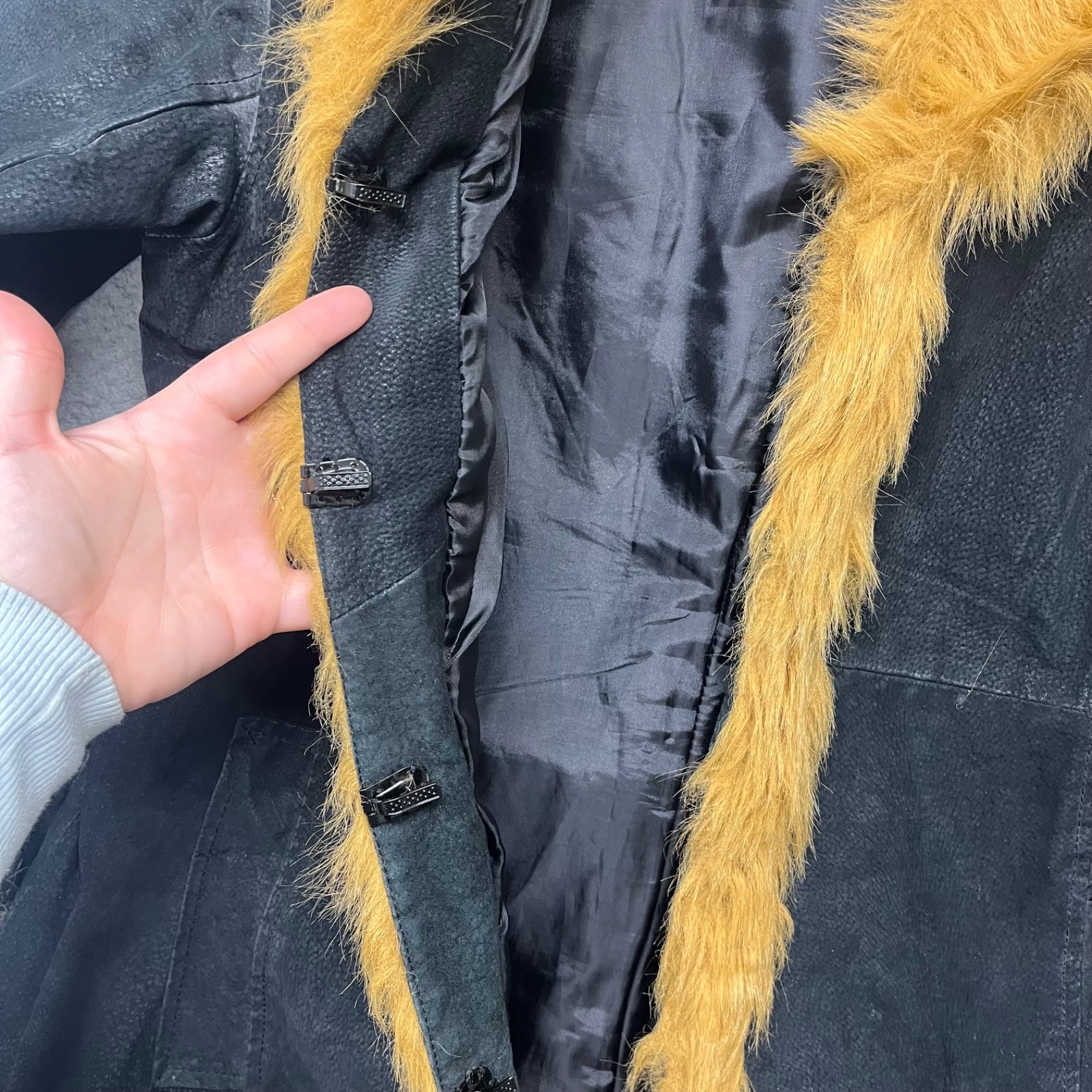 Y2K Penny Lane Style Coat Womens XL Black Suede Leather Faux Fur Trim Belted