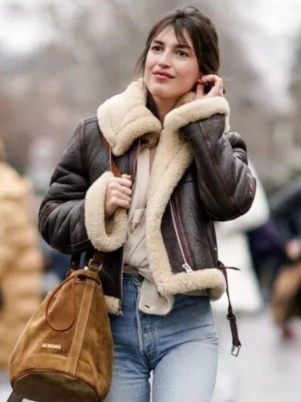 Women’s Handmade Shearling Jacket – Vintage Brown Genuine Sheepskin Aviator…
