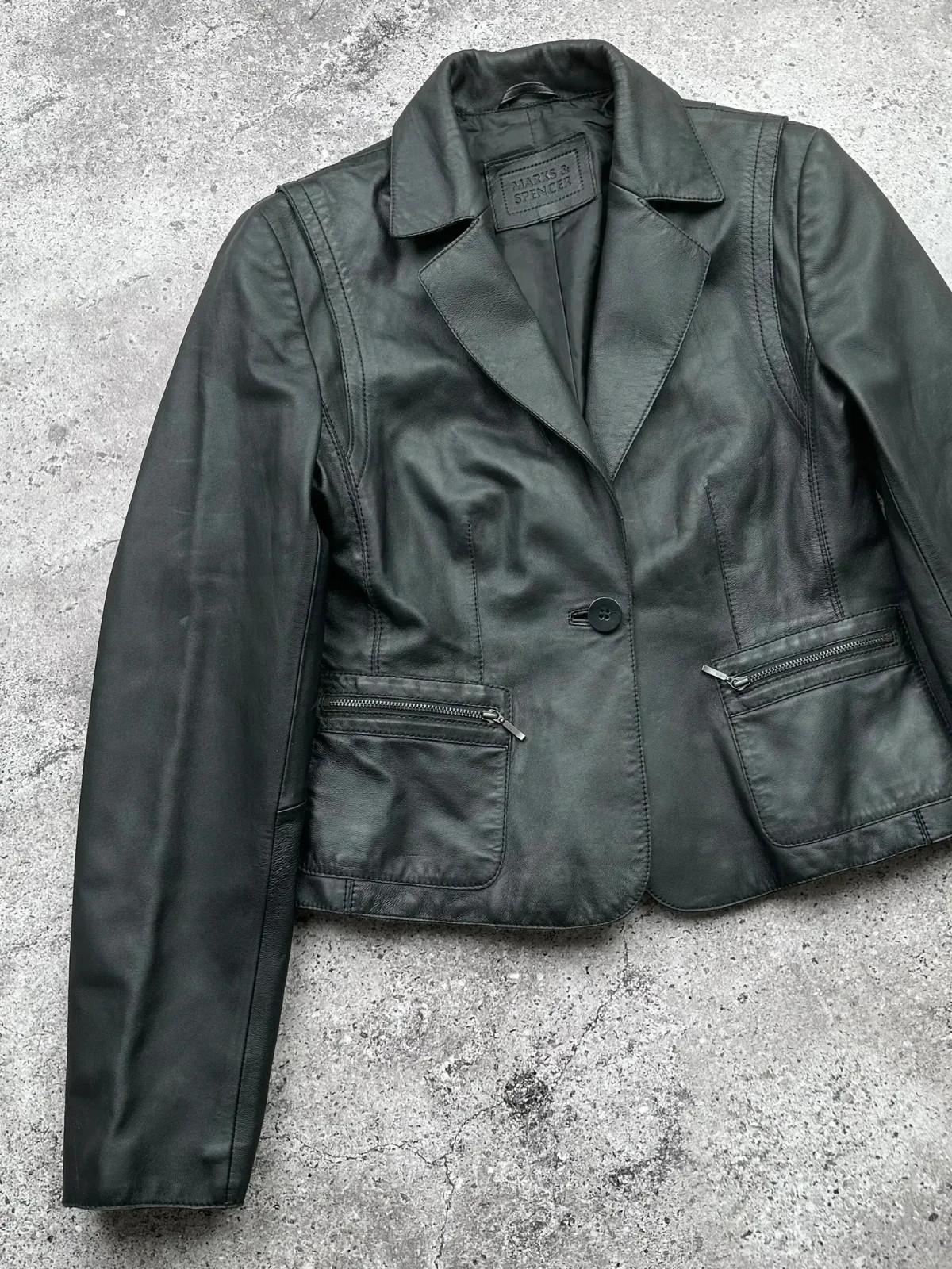 Y2K Black Leather Blazer Jacket Zip Pocket Tailored Coat Women’s Size S