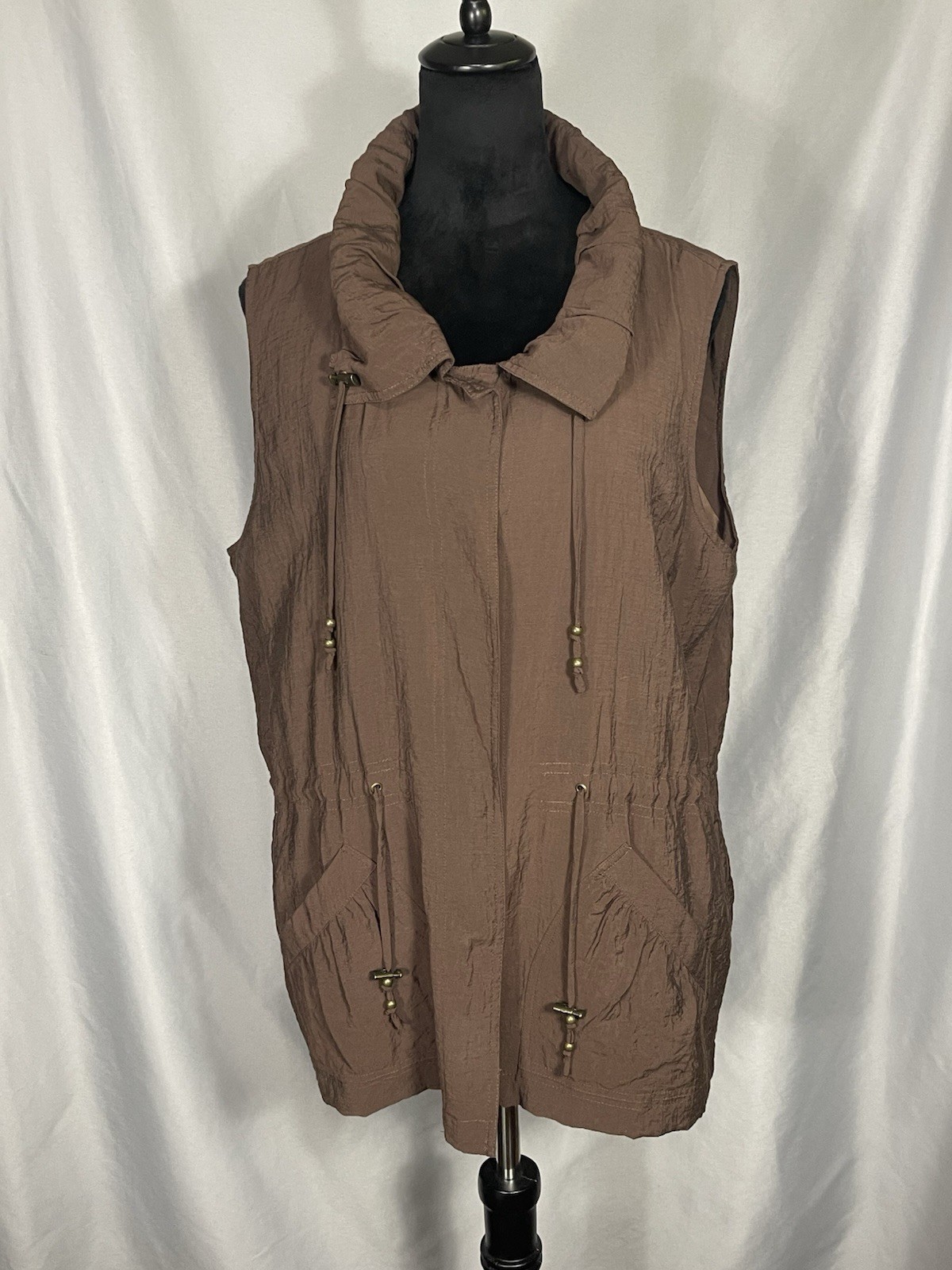 Coldwater Creek Brown Rayon Nylon Snap Vest Front Pockets Women’s SZ L