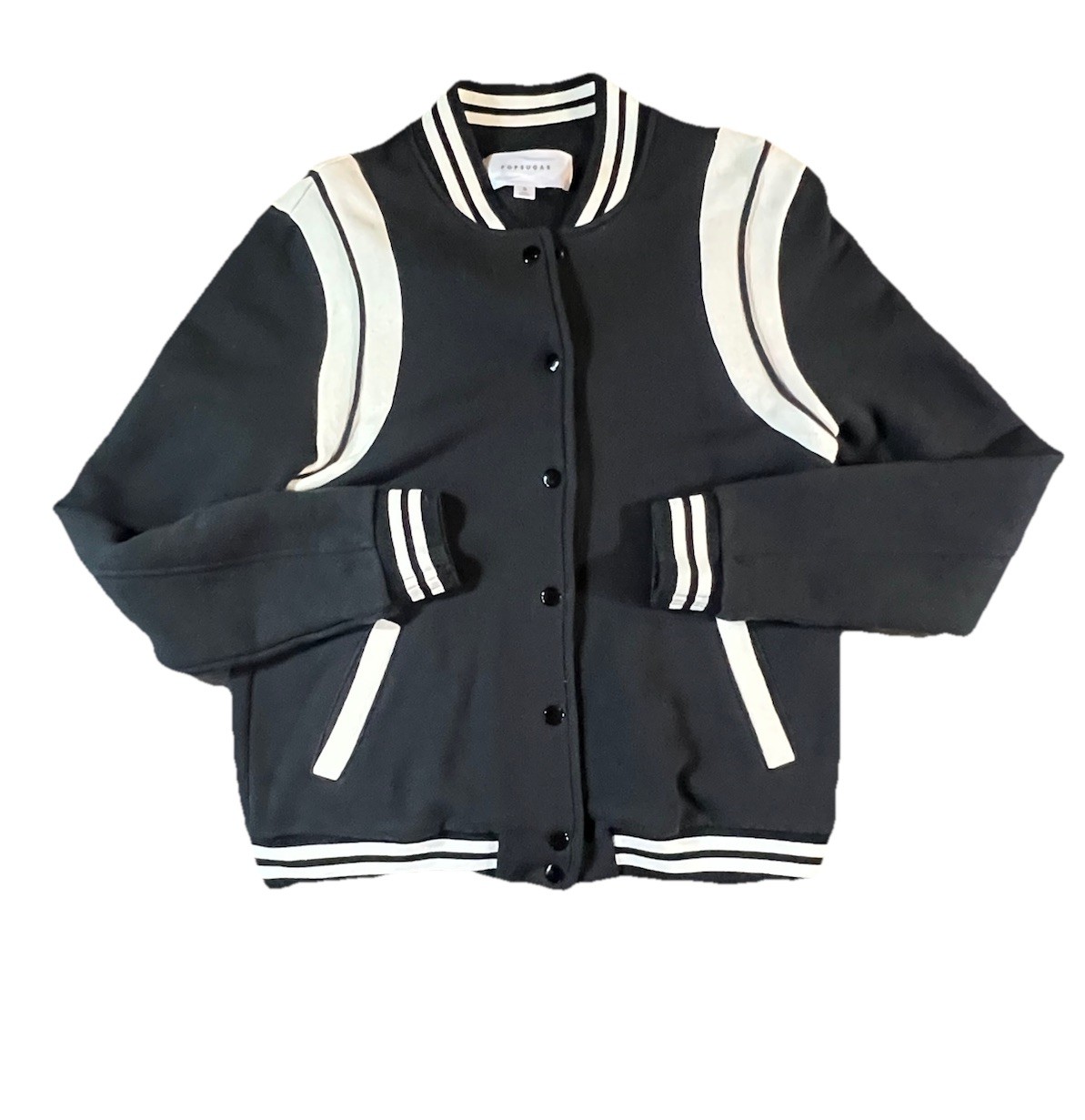 POPSUGAR Varsity Jacket Small Black White Preppy Academia Streetwear Bomber