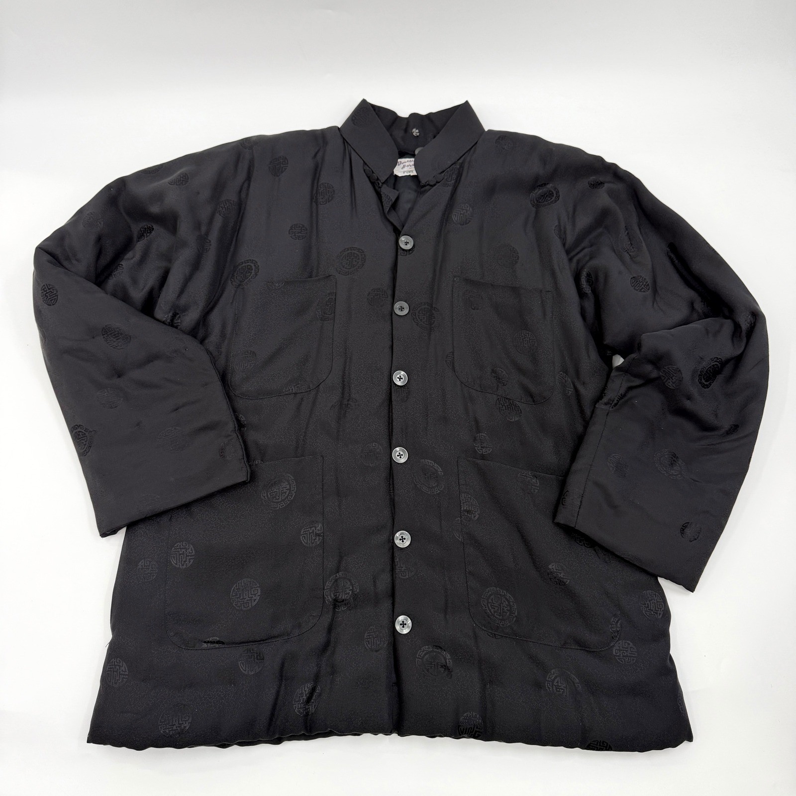 Vintage 70s Double Horse Chinese 100% Silk Quilted Jacker in Black Size Large