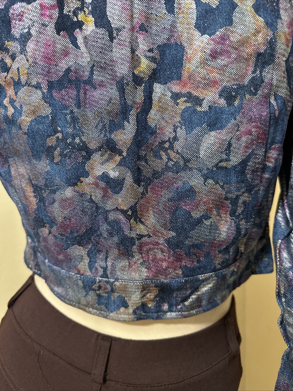 Women’s Violet Floral Denim Cotton Casual Stretch Slim Button Size M Jacket