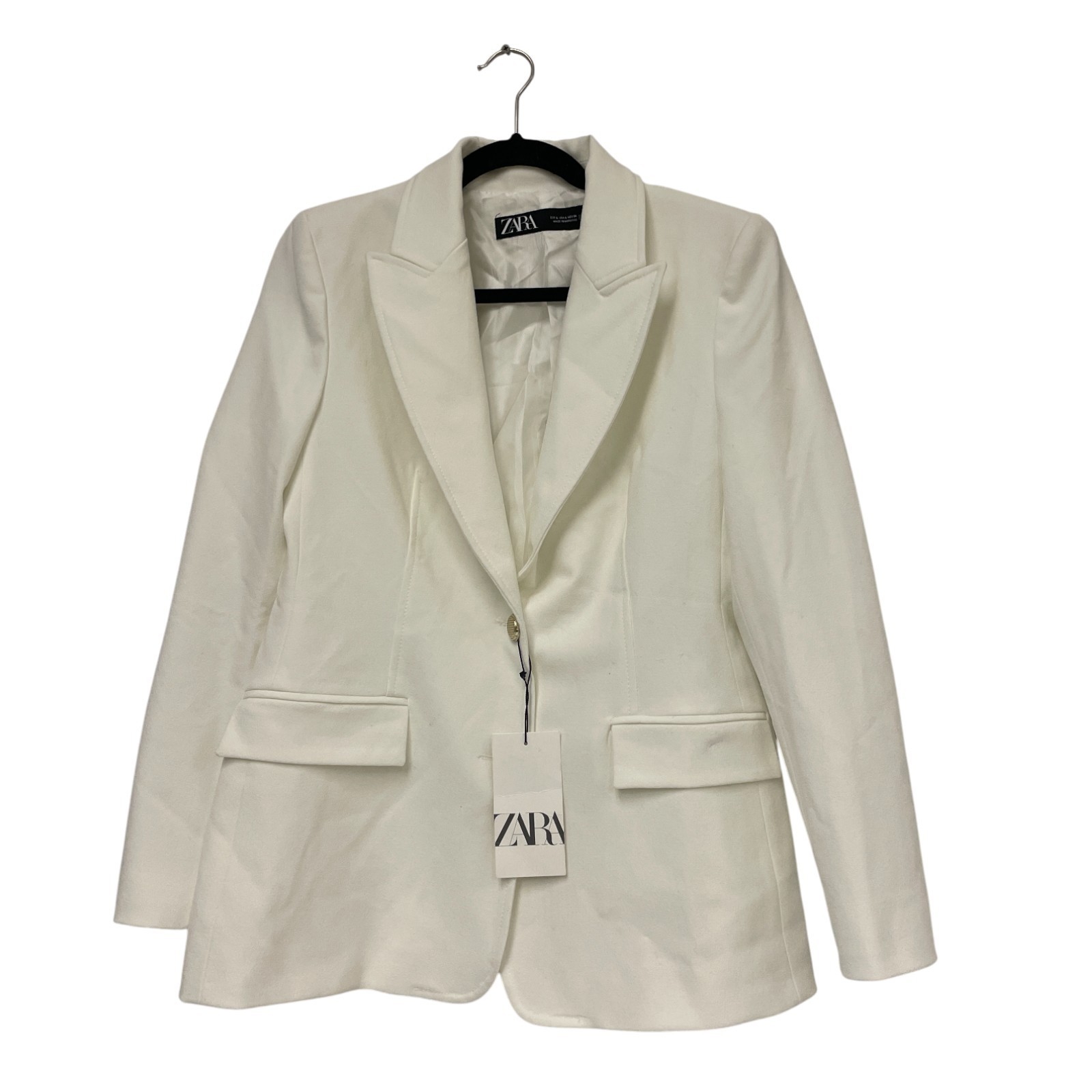 Zara Womens Blazer Jacket Large L White Single Breasted Gold Button 2128/599 NWT