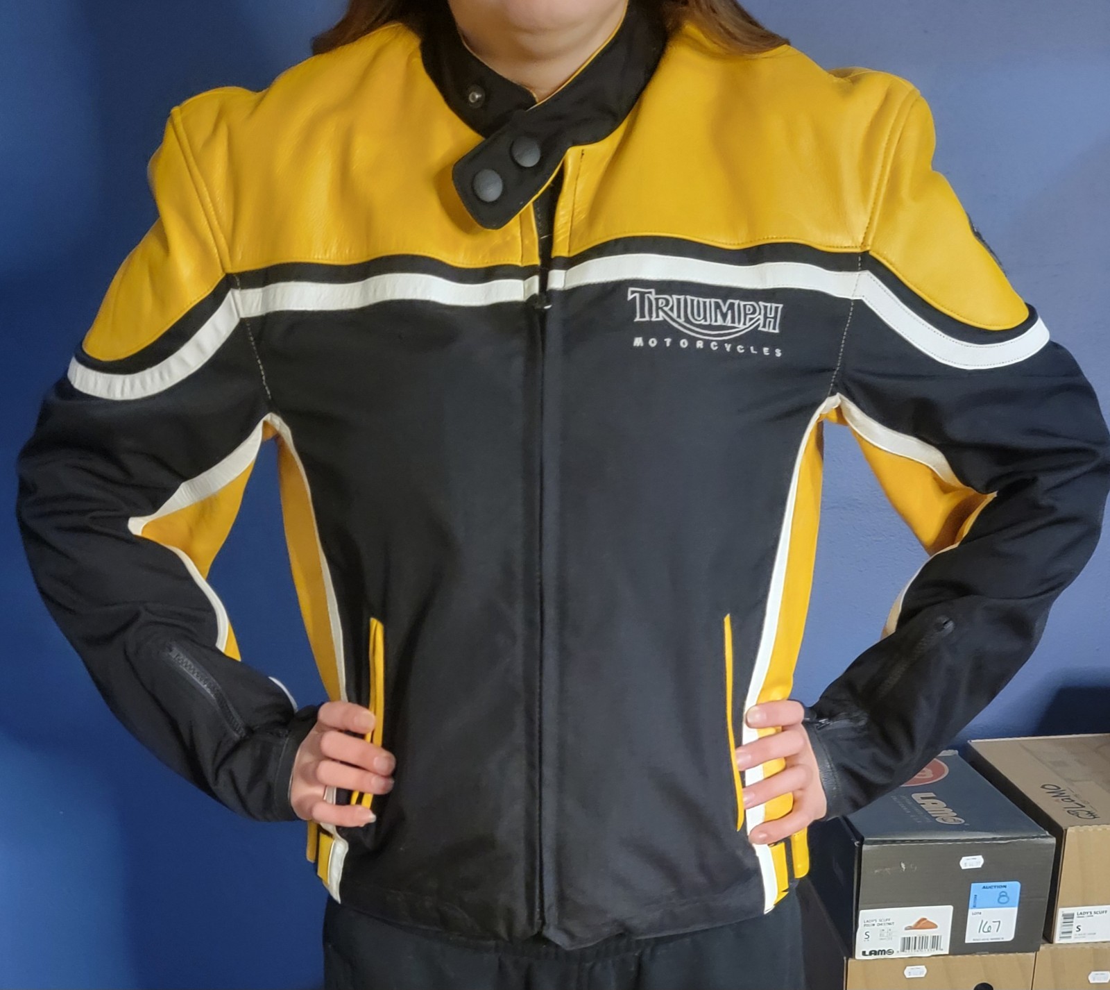 Triumph Motorcycles Jacket Women’s Size Medium M Black Yellow Leather / Nylon