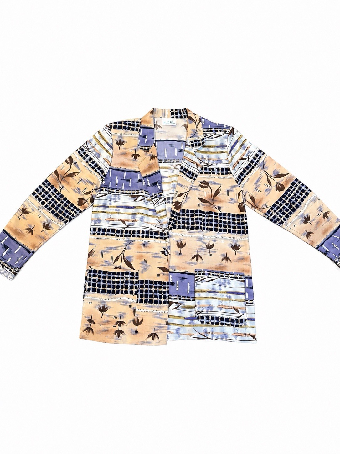 Tropics Women’s L Blue Tan Abstract Print Open Front Blazer Jacket Vintage