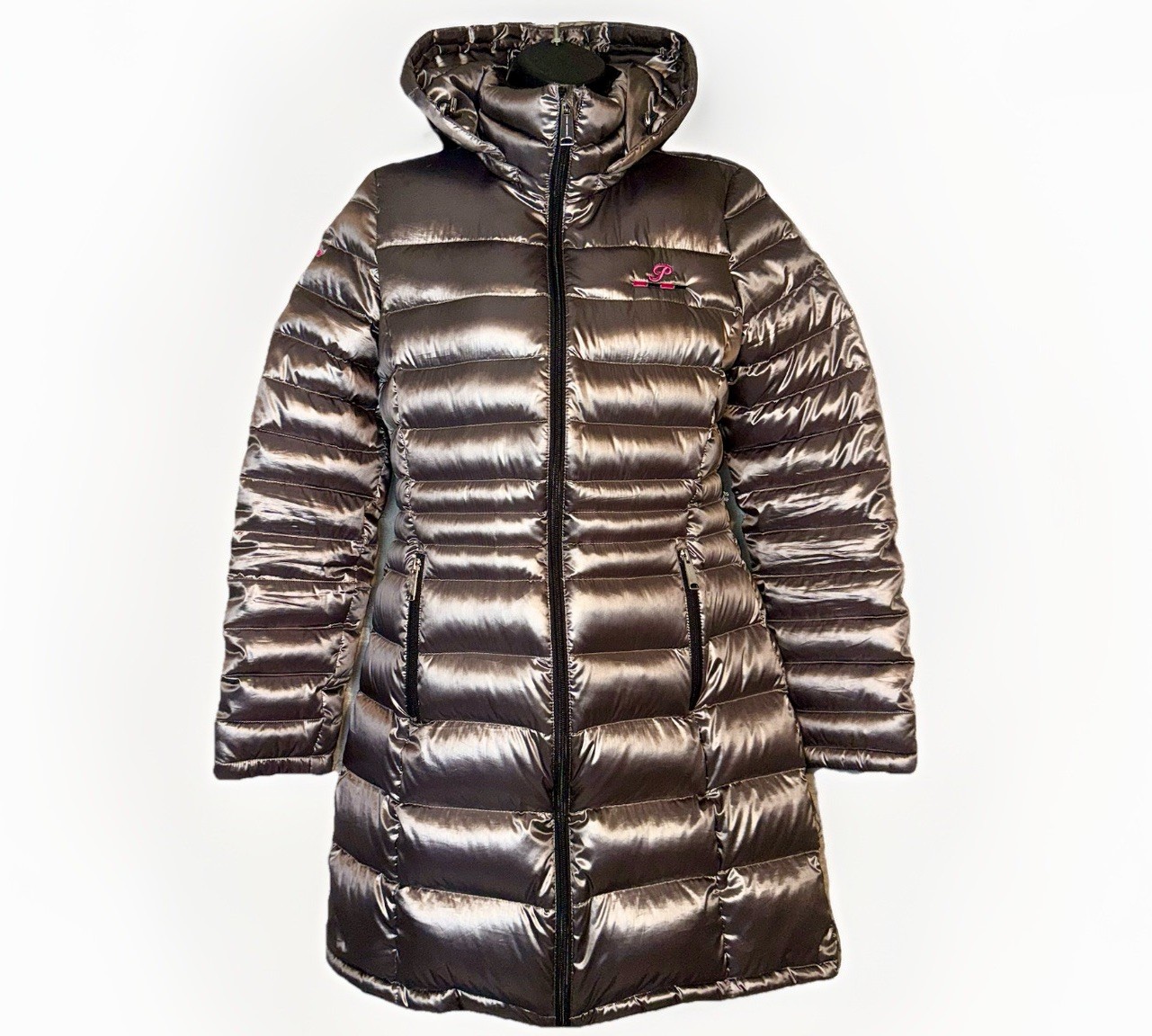 Andrew Marc SM Premium Down Quilted Puffer Silver Gray Hooded Long Metal Jacket