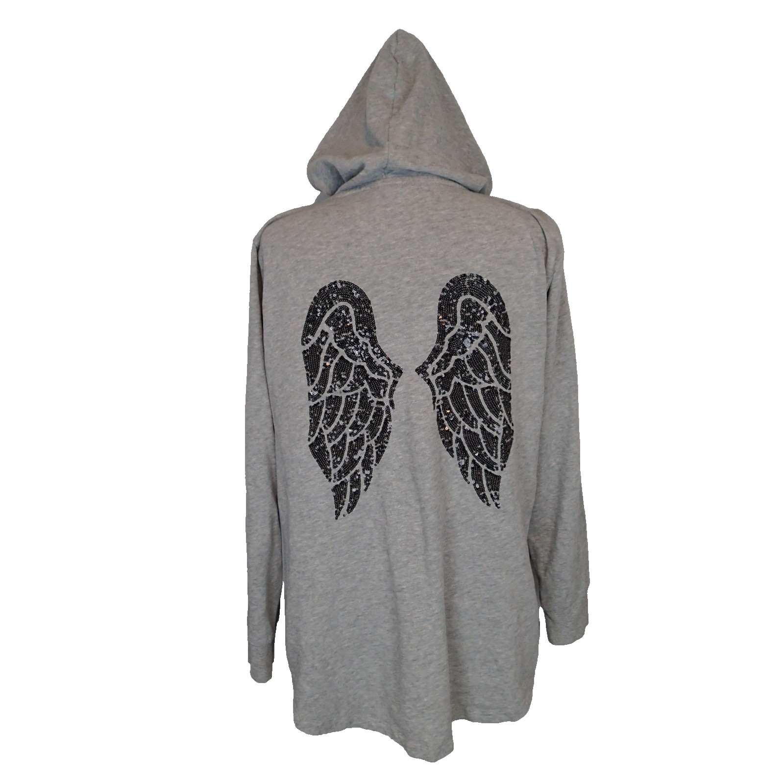 Victoria’s Secret Women’s Gray Hoodie v-neck top Large Sequin Angel Wings bling
