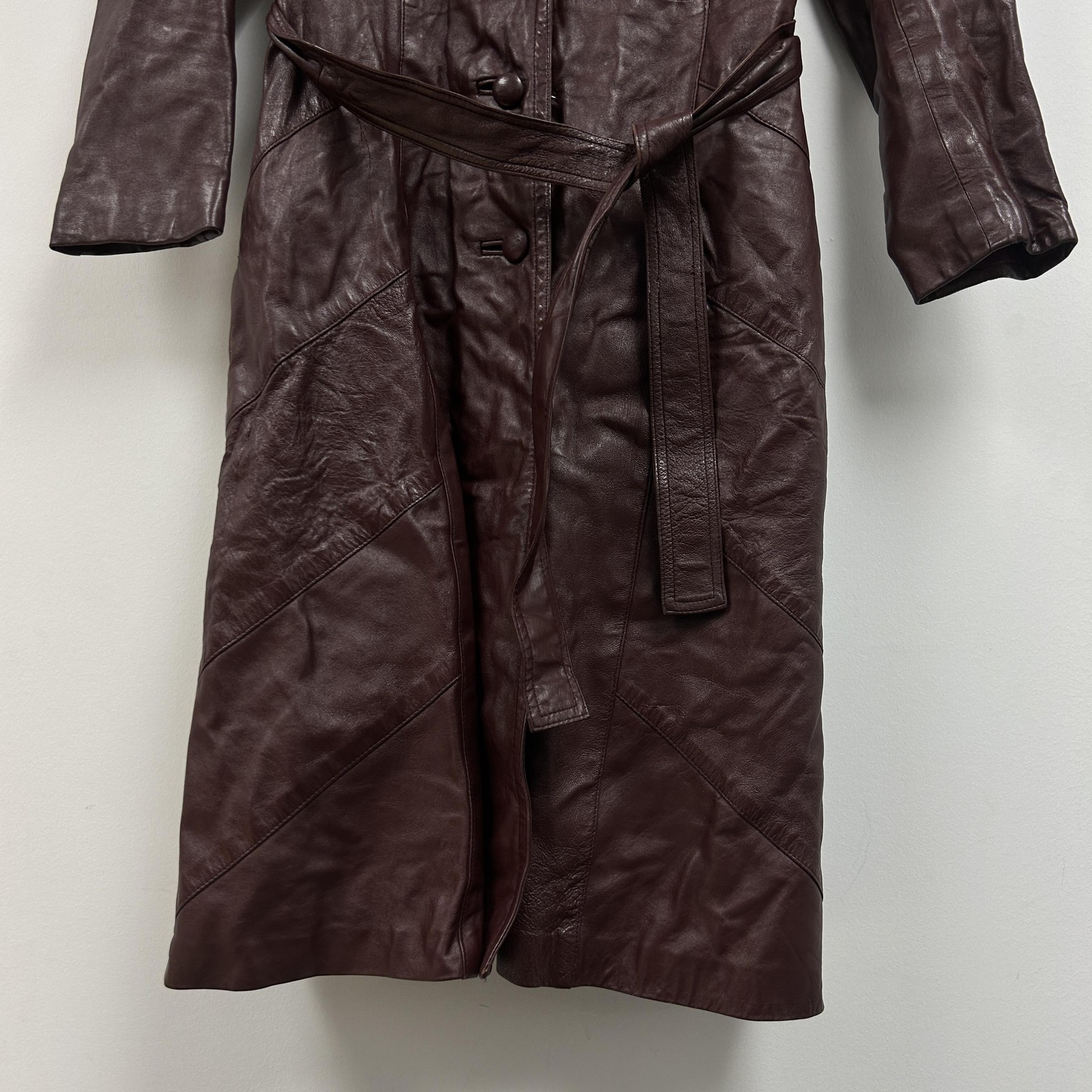 Vintage Dan Di Modes Coat Womens Small Brown Leather Long Trench Belted