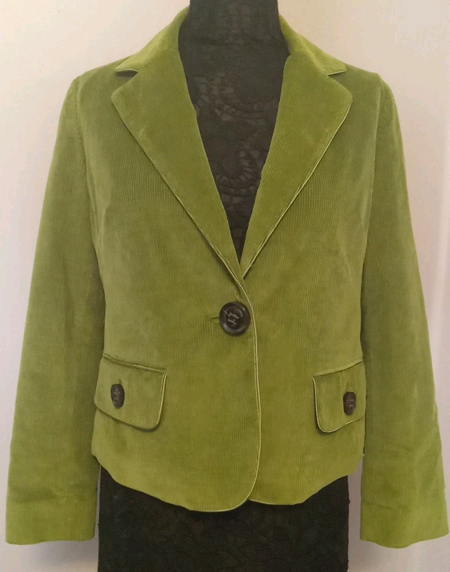 Talbots Petites Green Jumbo Single Button Pockets Paisley Collar Blazer Size 10P