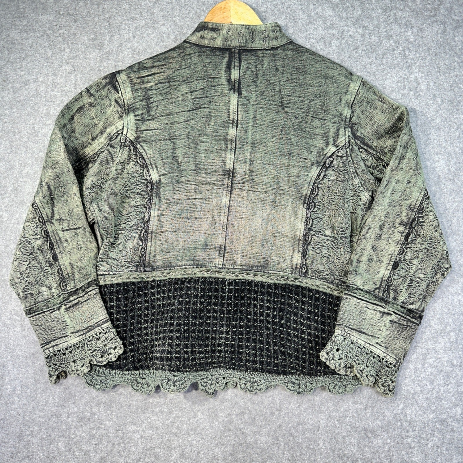 Boho Patchwork Jacket Crochet Trim Textured Artsy Lagenlook Festival Women’s L