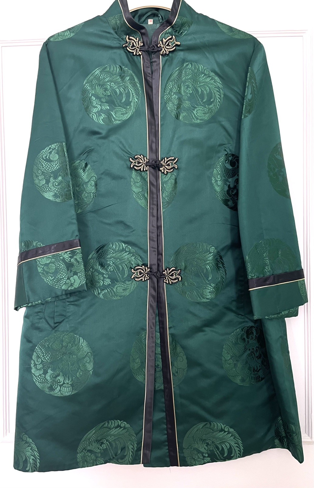 Vintage Green with Black Trim Chinese Brocade Silk Coat – Measurements for Size