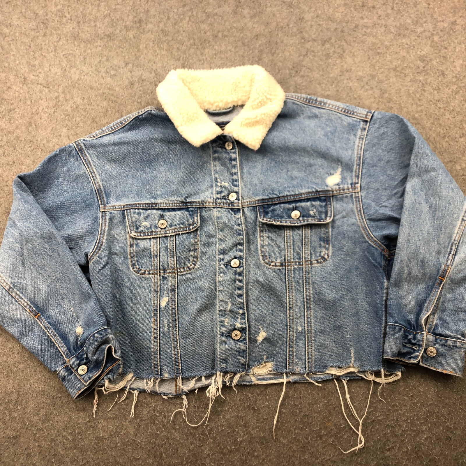 Abercrombie Fitch Jacket Womens XL Sherpa Coller Denim Pockets Cut Off