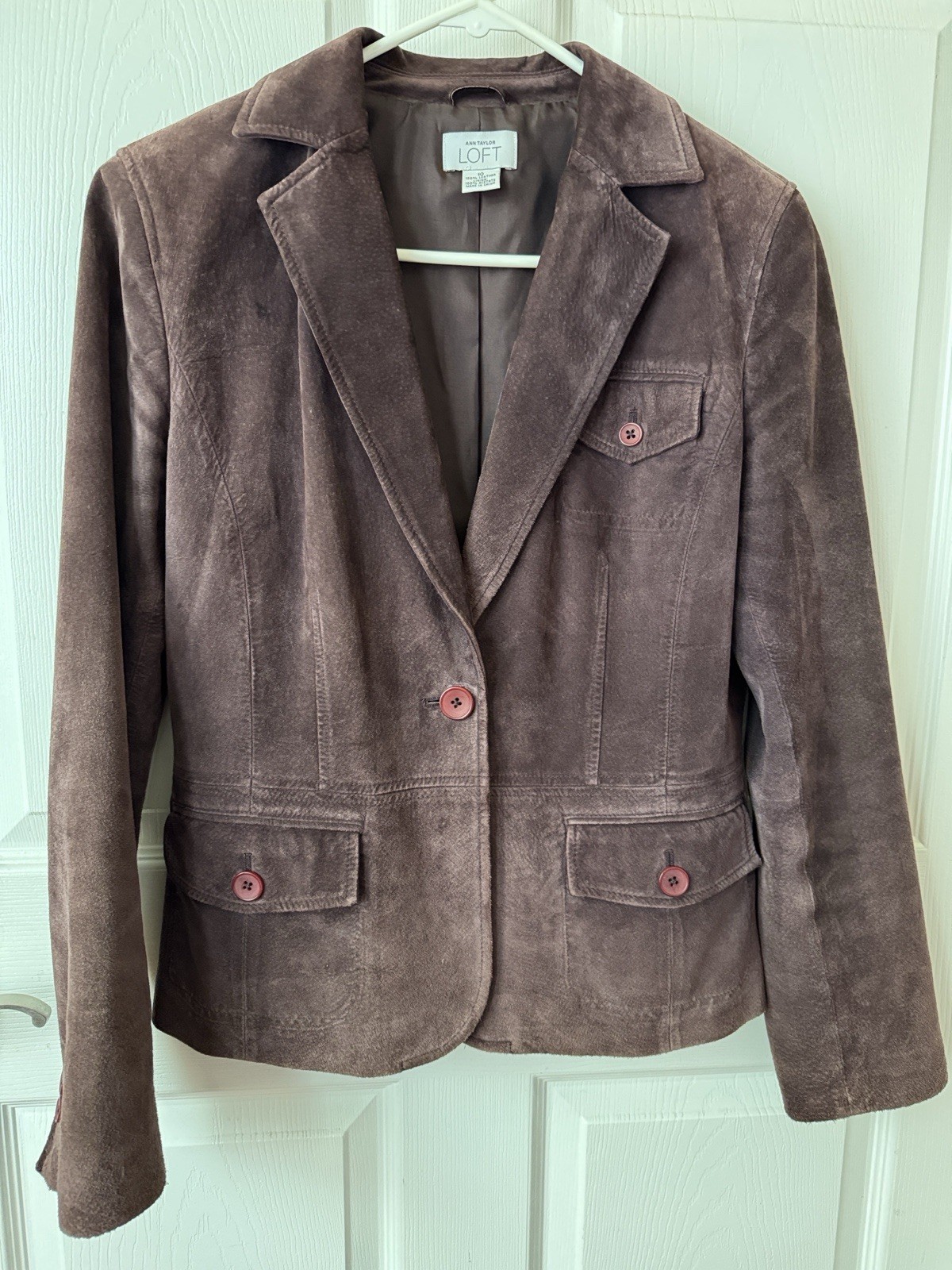 Ann Taylor LOFT Brown Leather Blazer Jacket Lined Button Long Sleeve Size 10