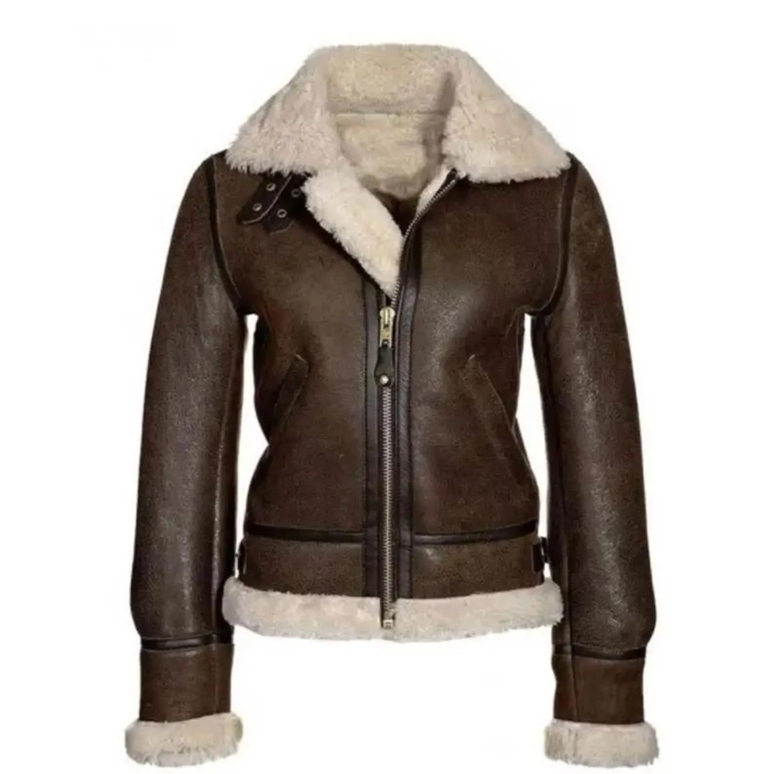Women’s Brown 100% Real Sheepskin Leather Jacket Aviator Bomber Fur Lined Coat