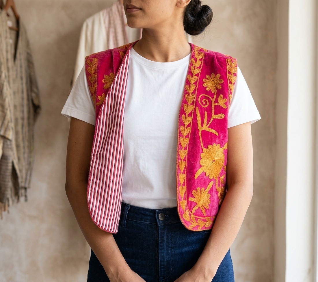 Hand Embroidered Pink Floral Vest Cotton Reversible Boho Open Front Jacket