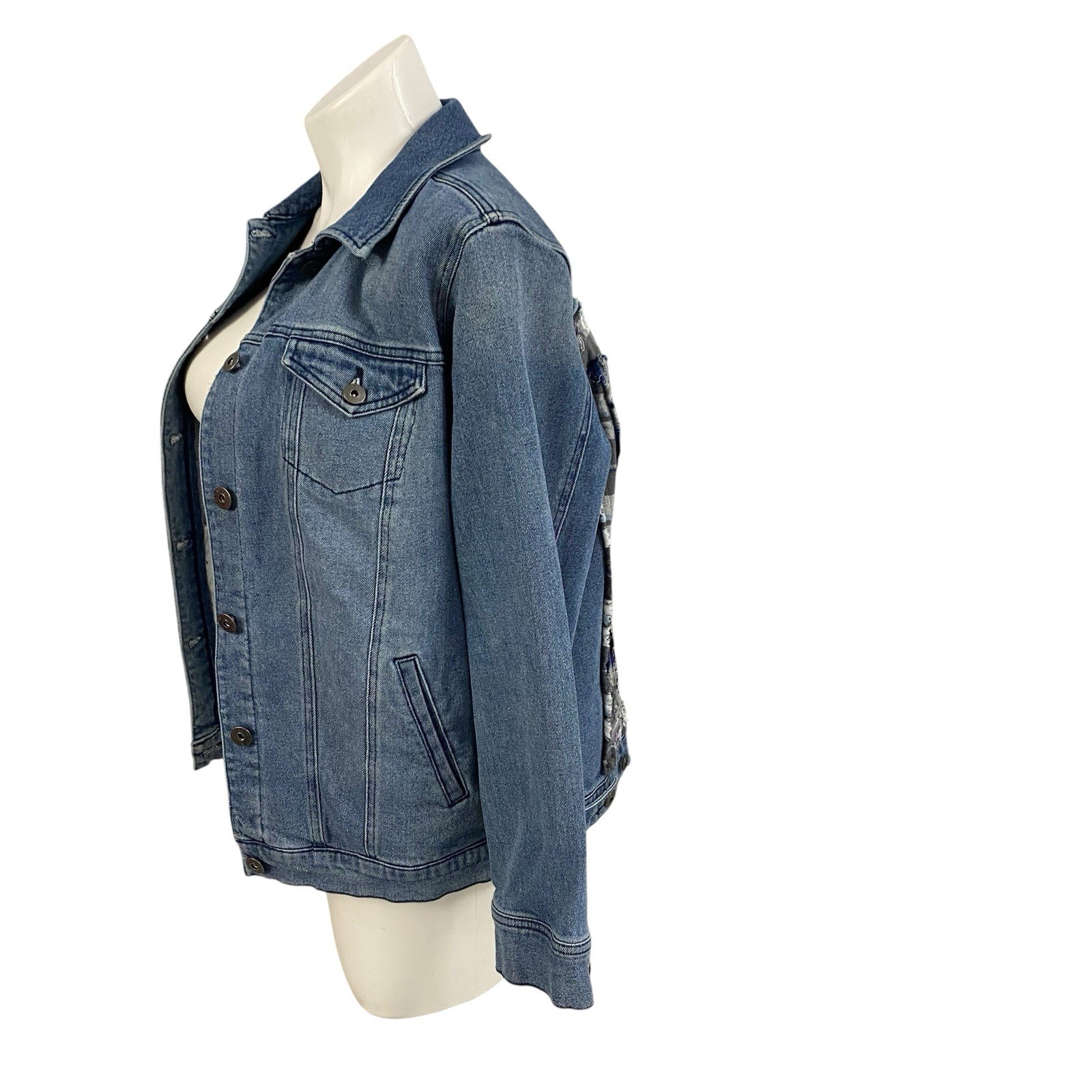 Christian Denim Jacket Womens XL Religious Church Pastor Patchwork Art Upcycled