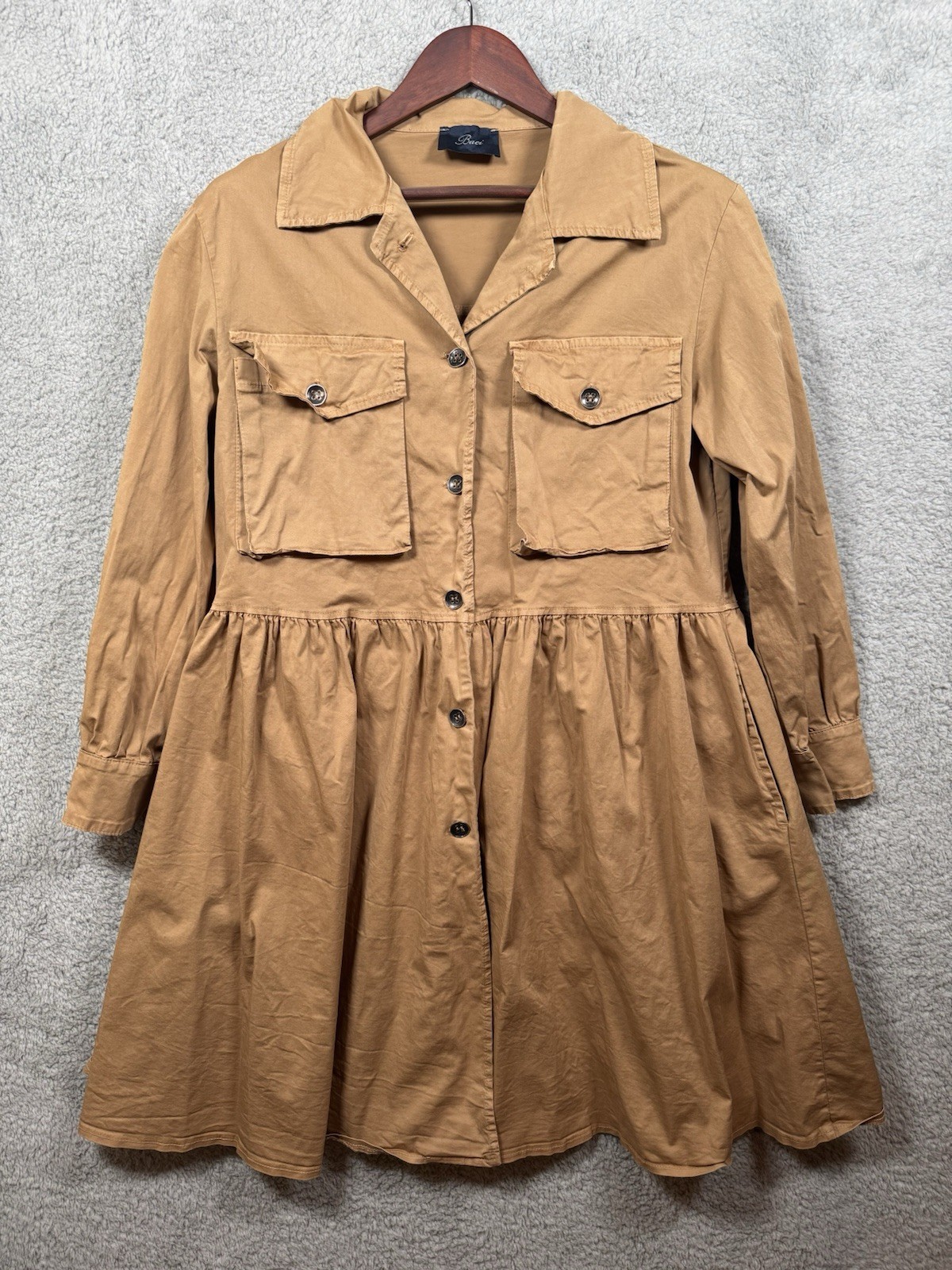 Baci Women’s Cotton Tierd Ruffle Patch Pocket Overcoat Made In Italy Camel Sz M
