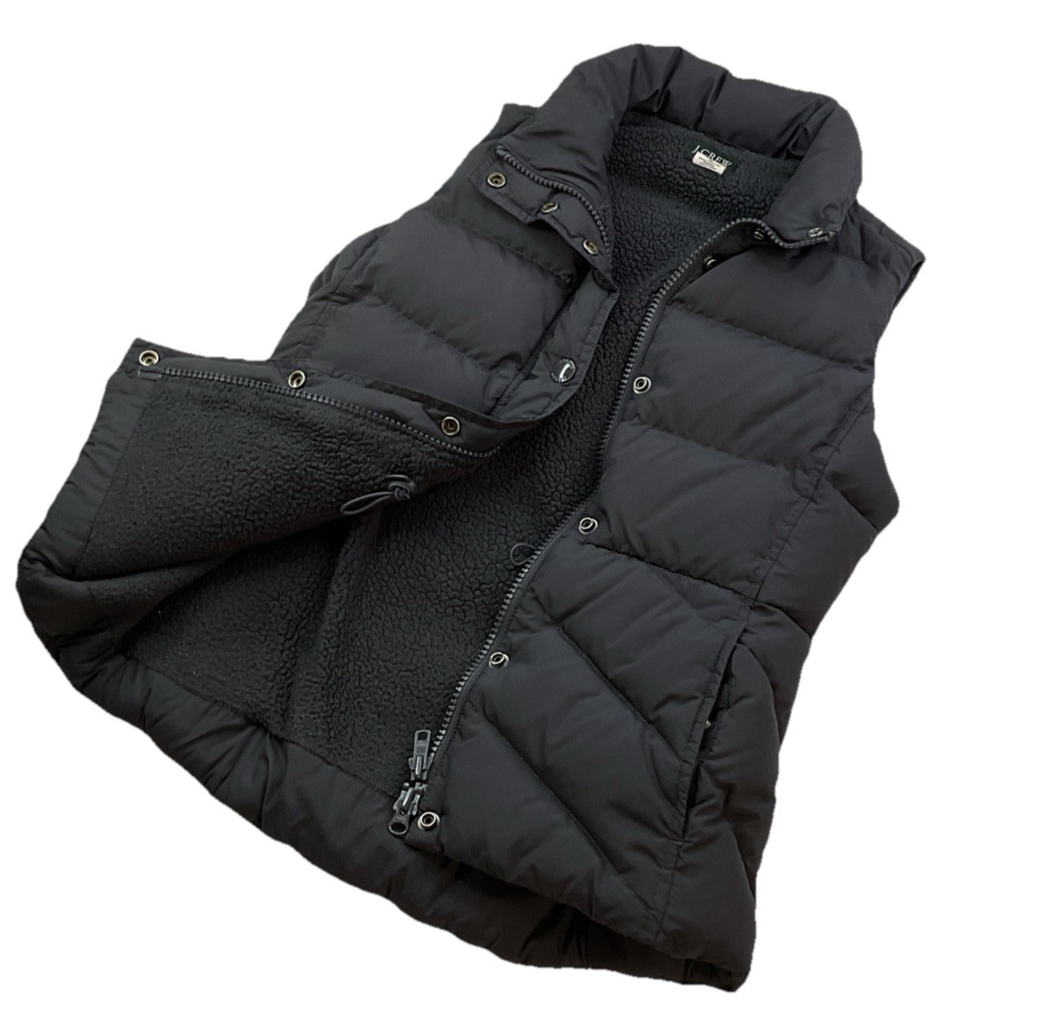 J Crew Down Puffer Vest Women Sz XS Black Insulated Zip Snap Fleece Lined Jacket