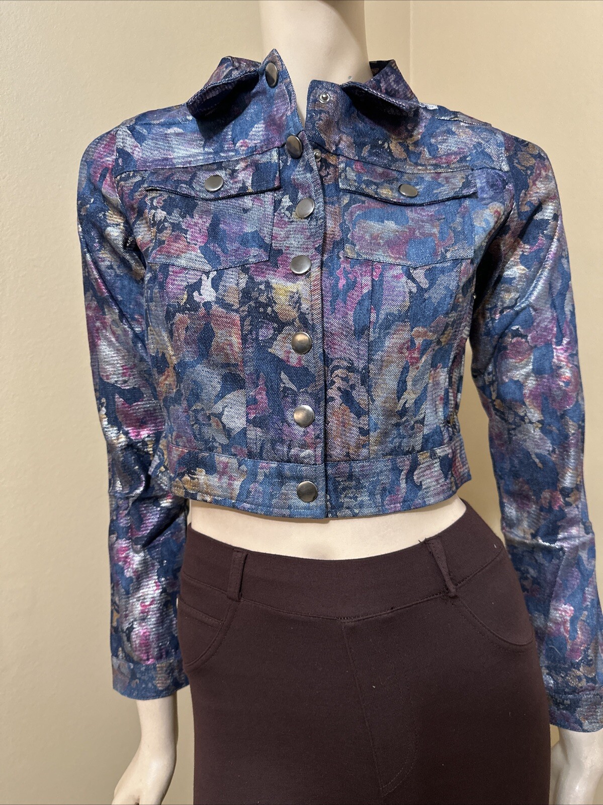 Women’s Violet Floral Denim Cotton Casual Stretch Slim Button Size M Jacket