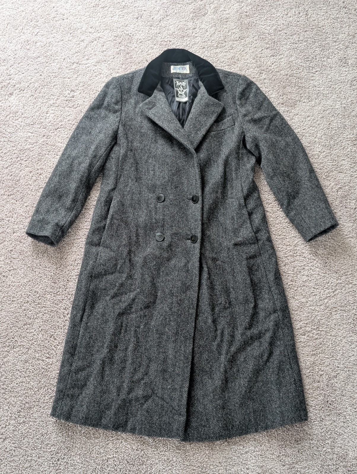 Vintage JG Hook Overcoat Womens Medium Herringbone Wool Double Breasted 80s