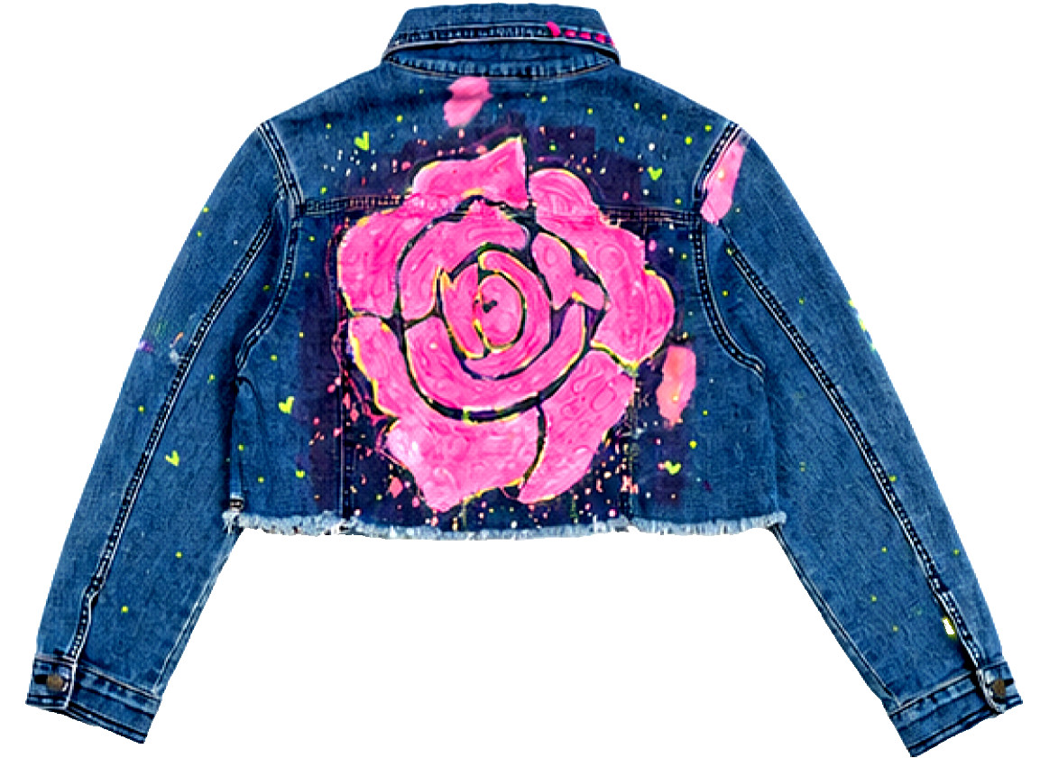Hand Painted Cropped Denim Jacket crochet details by AuraLune