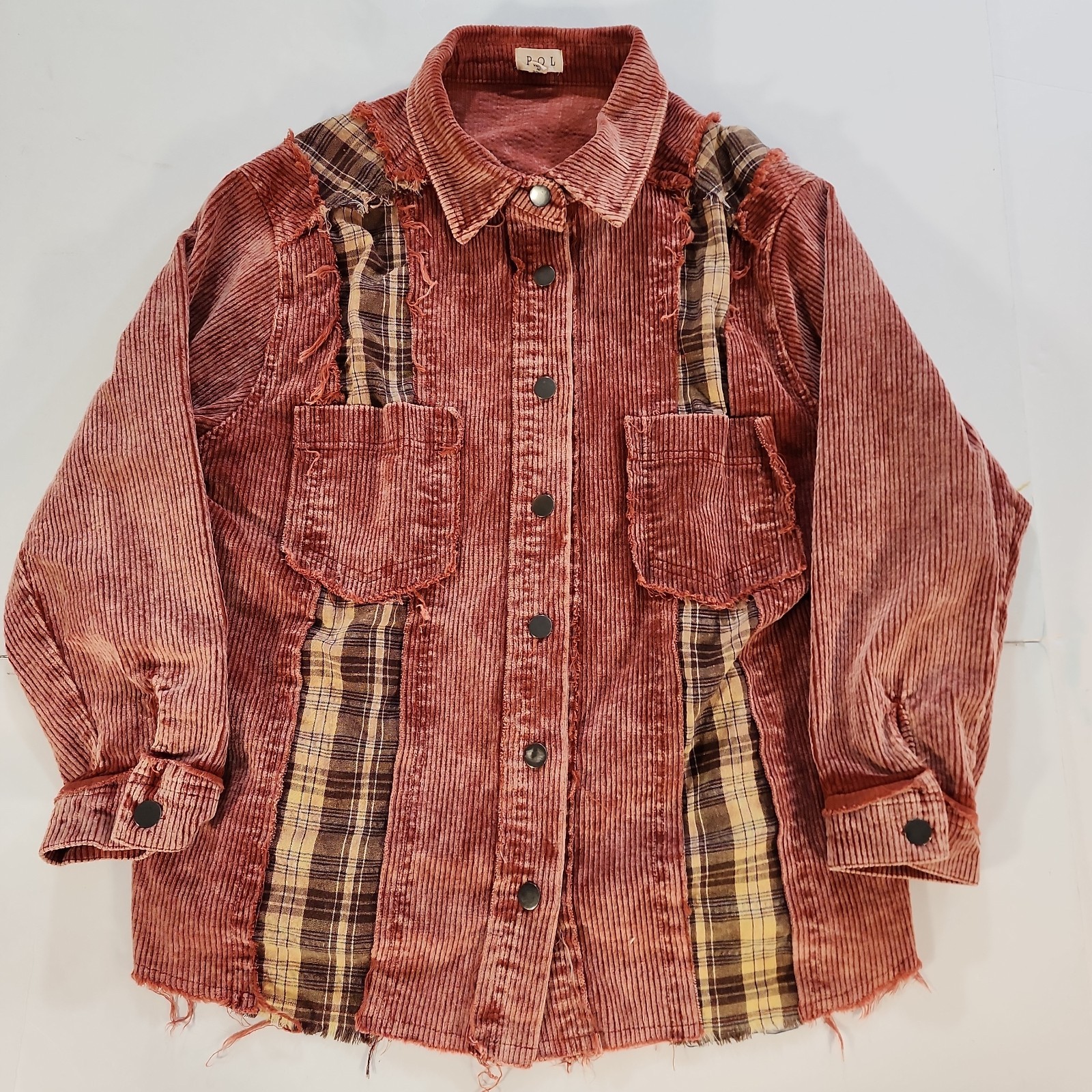POL Clothing Corduroy Plaid Mix Shacket Jacket Rust Orange Distressed Medium M