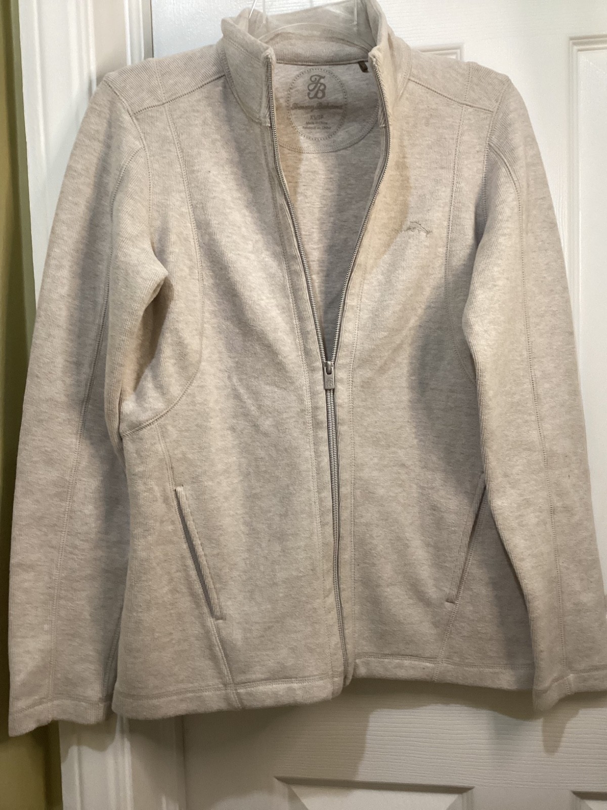 Tommy Bahama Oatmeal Full Zip Jacket Womens Cotton Blend Mock Neck ~XS~EUC