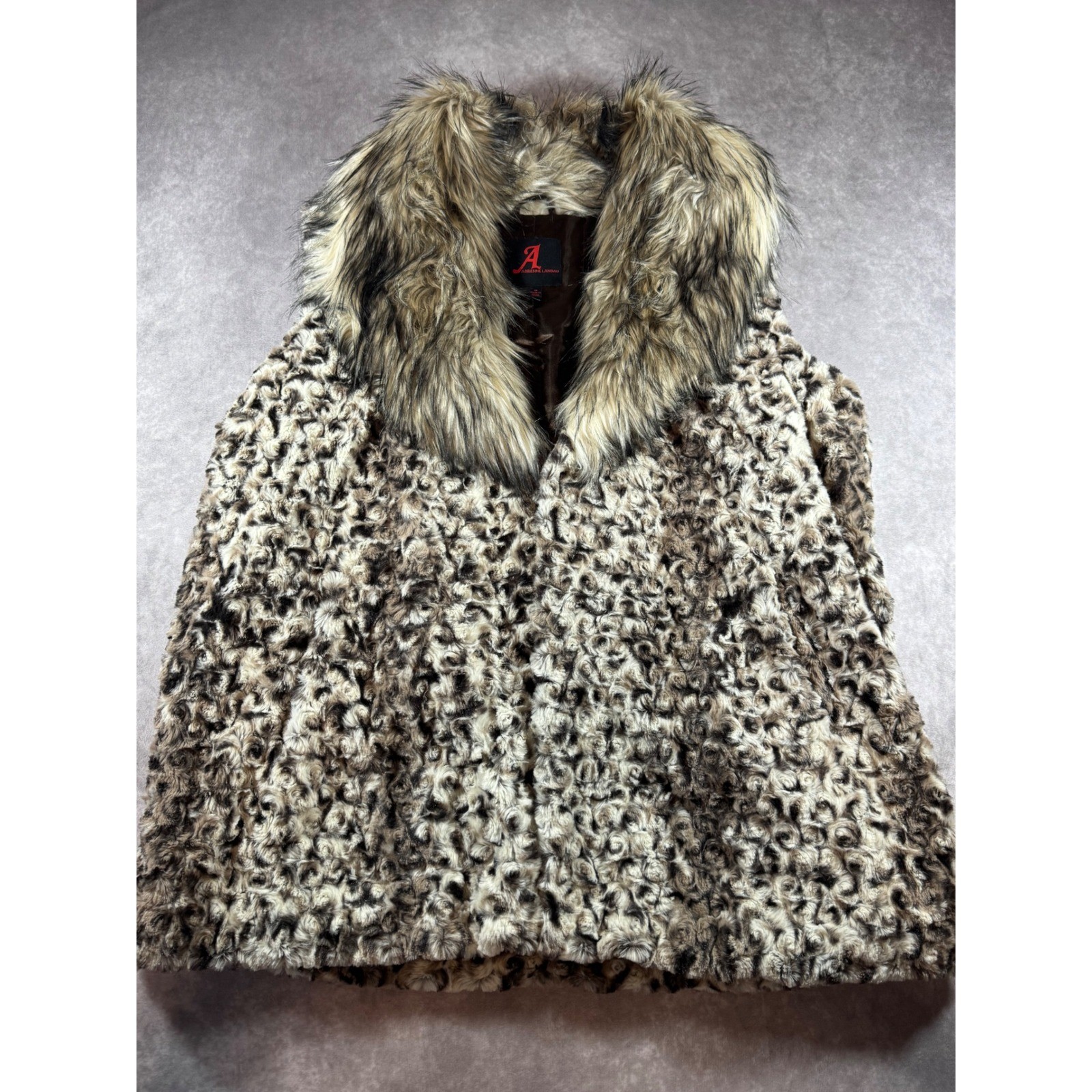 Adrienne Landau Faux Fur Vest Animal Print Oversized Collar Brown 1X NWT