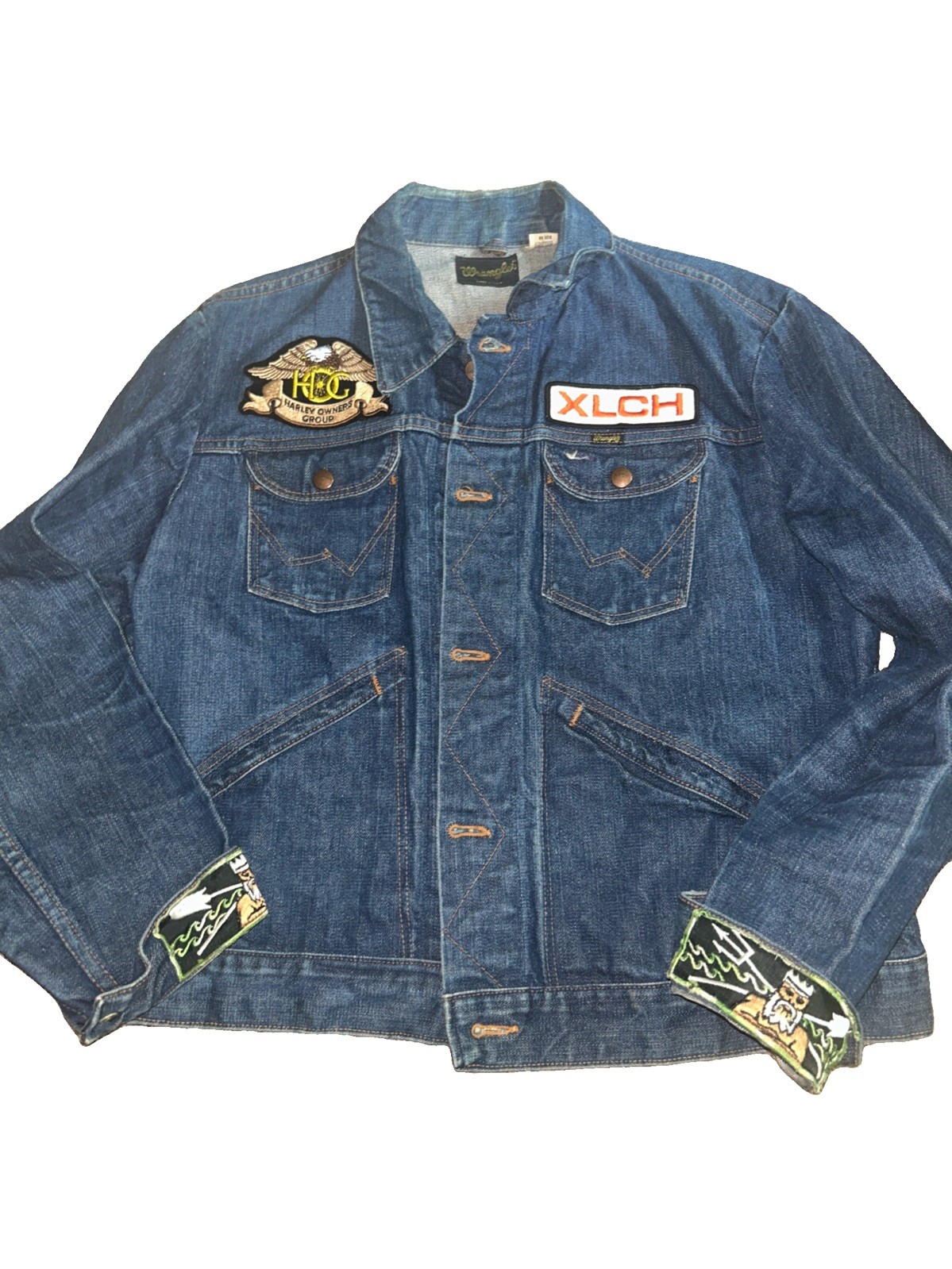 Vintage USA Wrangler Denim Jacket Womens 46 Large Harley Davidson H.O.G Patches