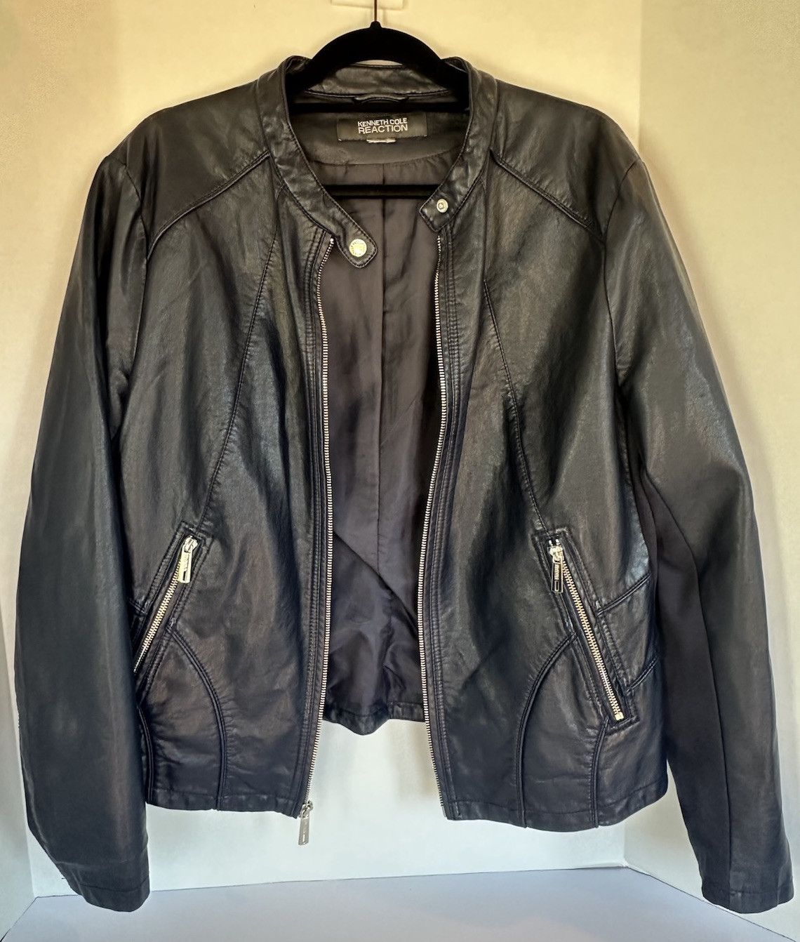 Kenneth Cole Reaction Moto Jacket Navy XL Stretch Faux Leather Designer Sturgis