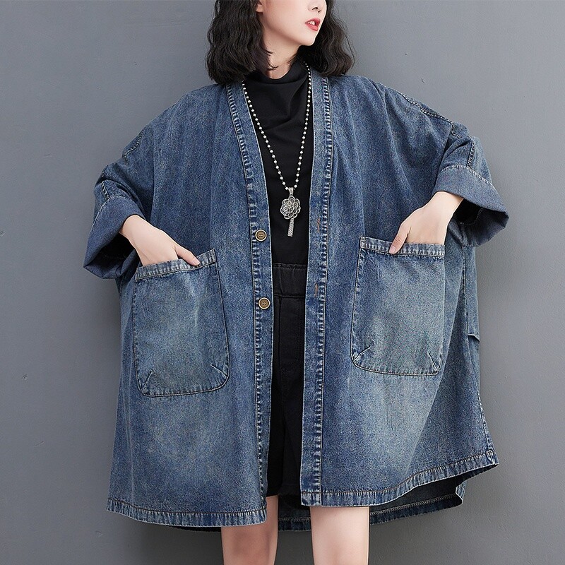 Oversized Denim Trench Coat Jacket Womens V Neck Pockets Blue Mid Length