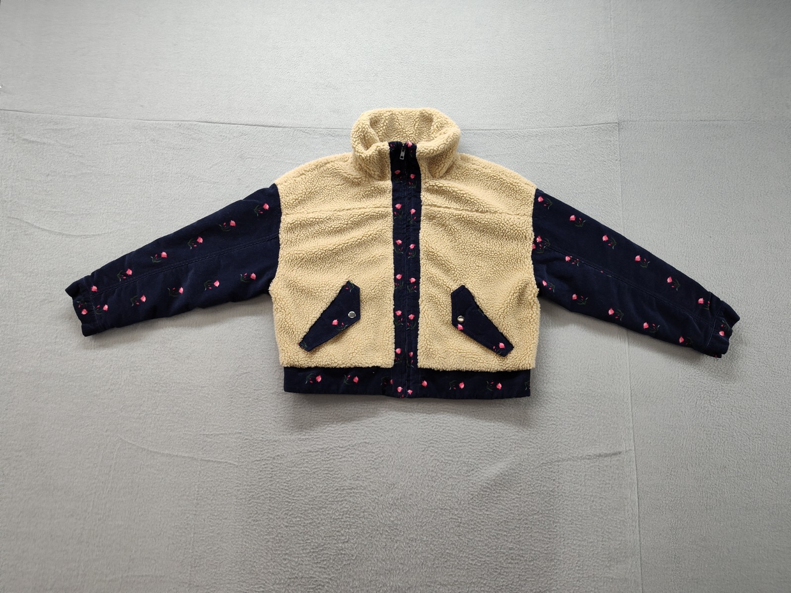 Something Navy Women Trucker Jacket S Cream & Navy Colorblock Teddy Full Zip