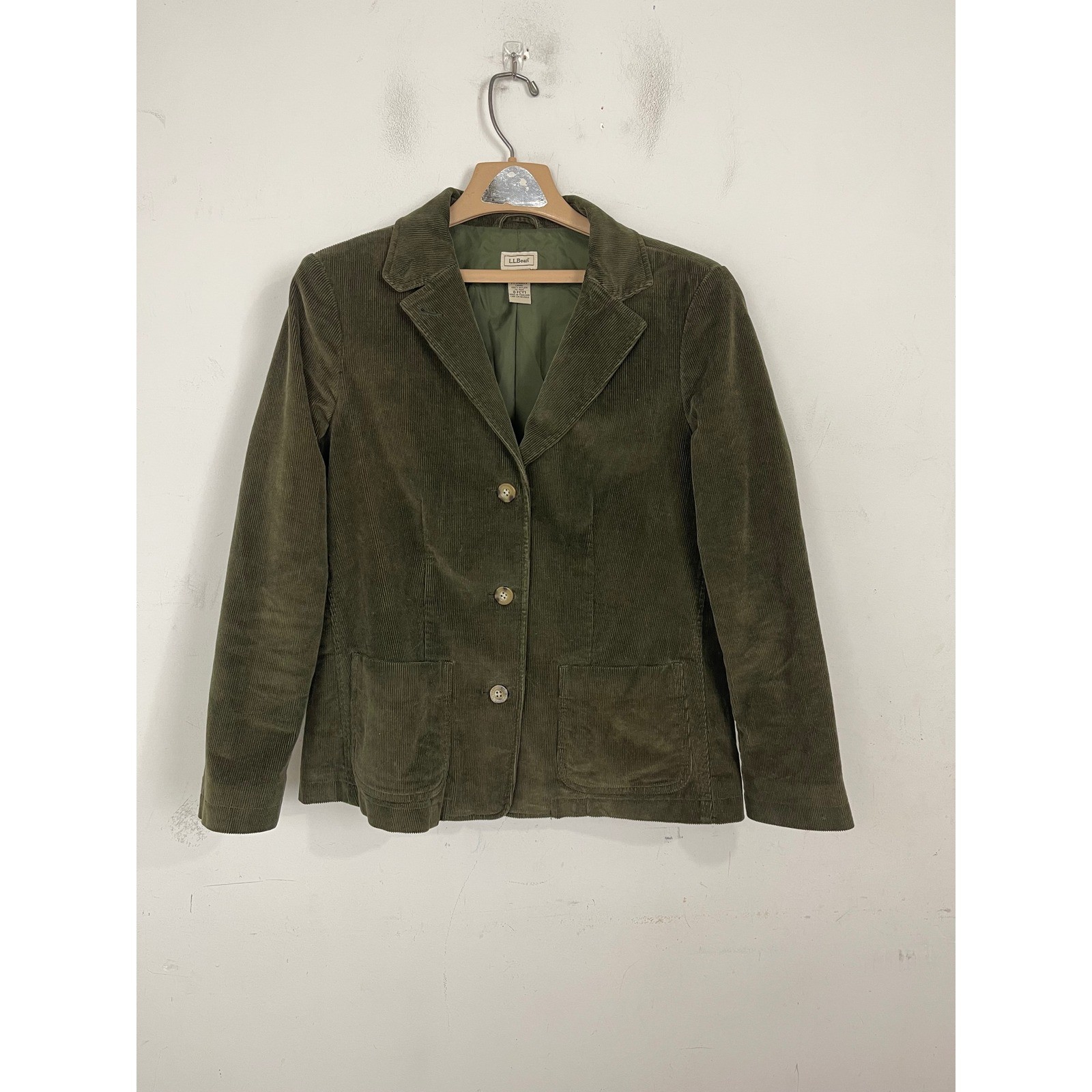 LL Bean Womens Olive Green Corduroy Blazer Jacket Size 12 Reg Cotton Stretch